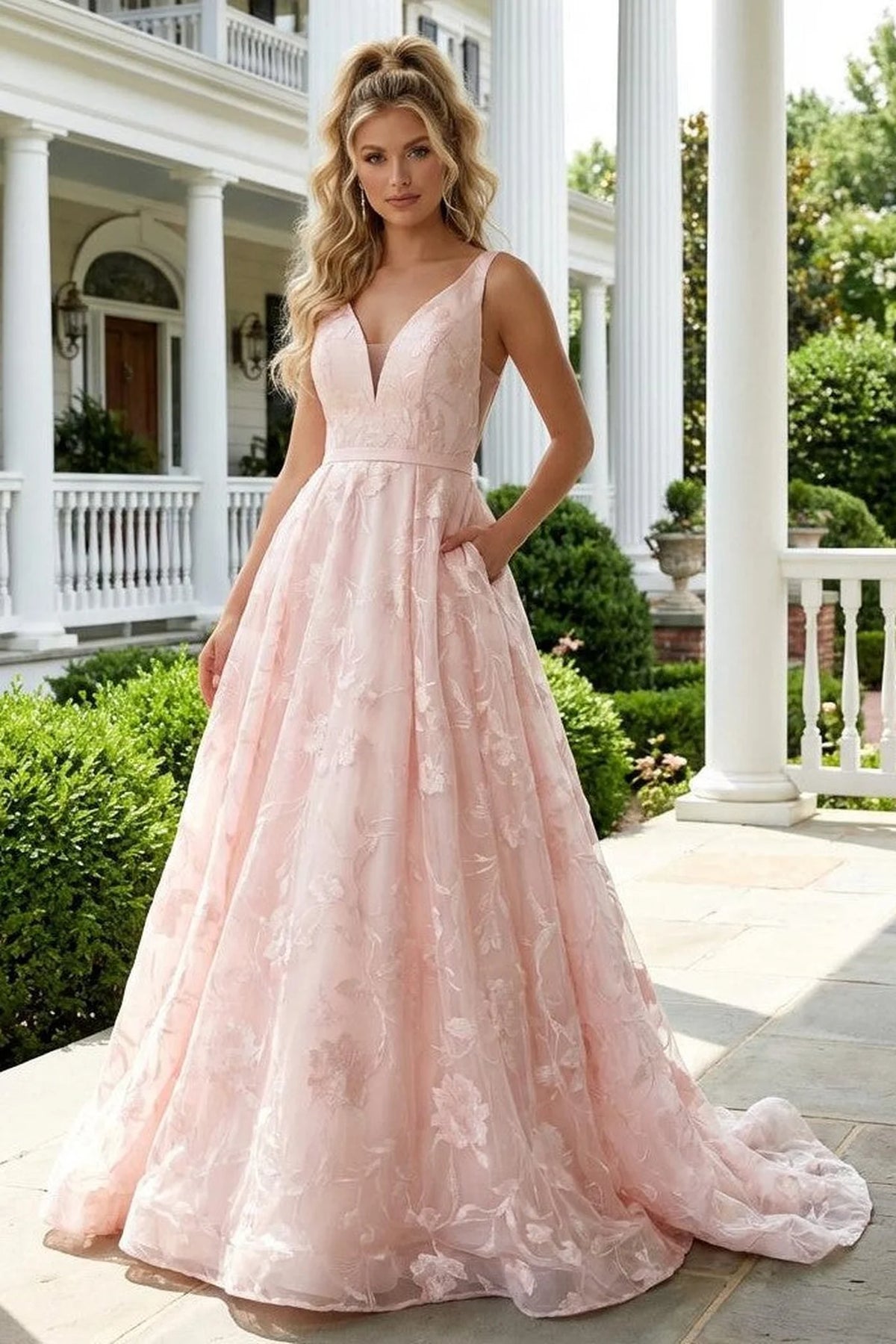 Blush Pink Floral Ball Gown with Deep V-Neck - back view