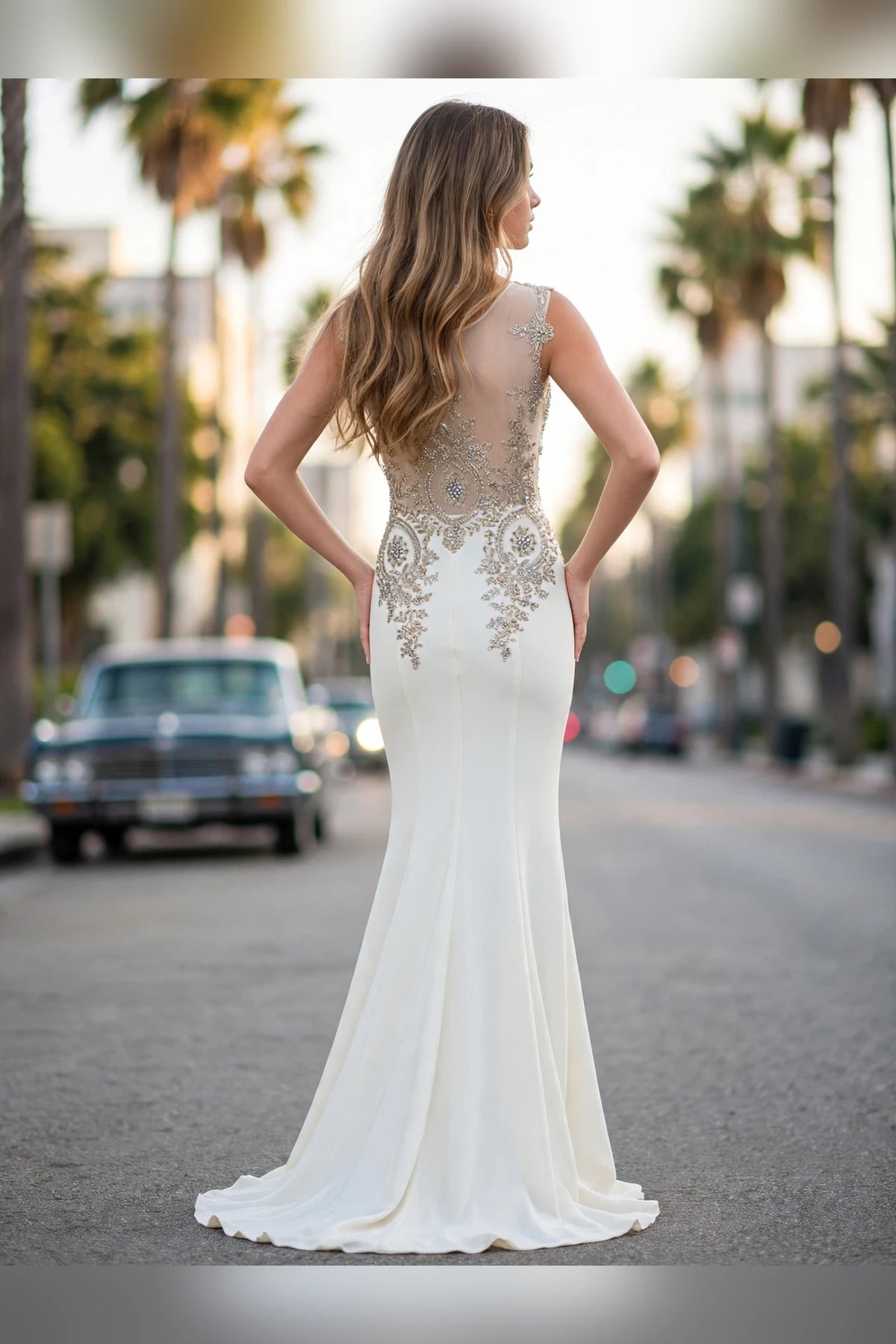 Ivory Beaded Illusion Mermaid Prom Gown, back view | PromGirlOutlet