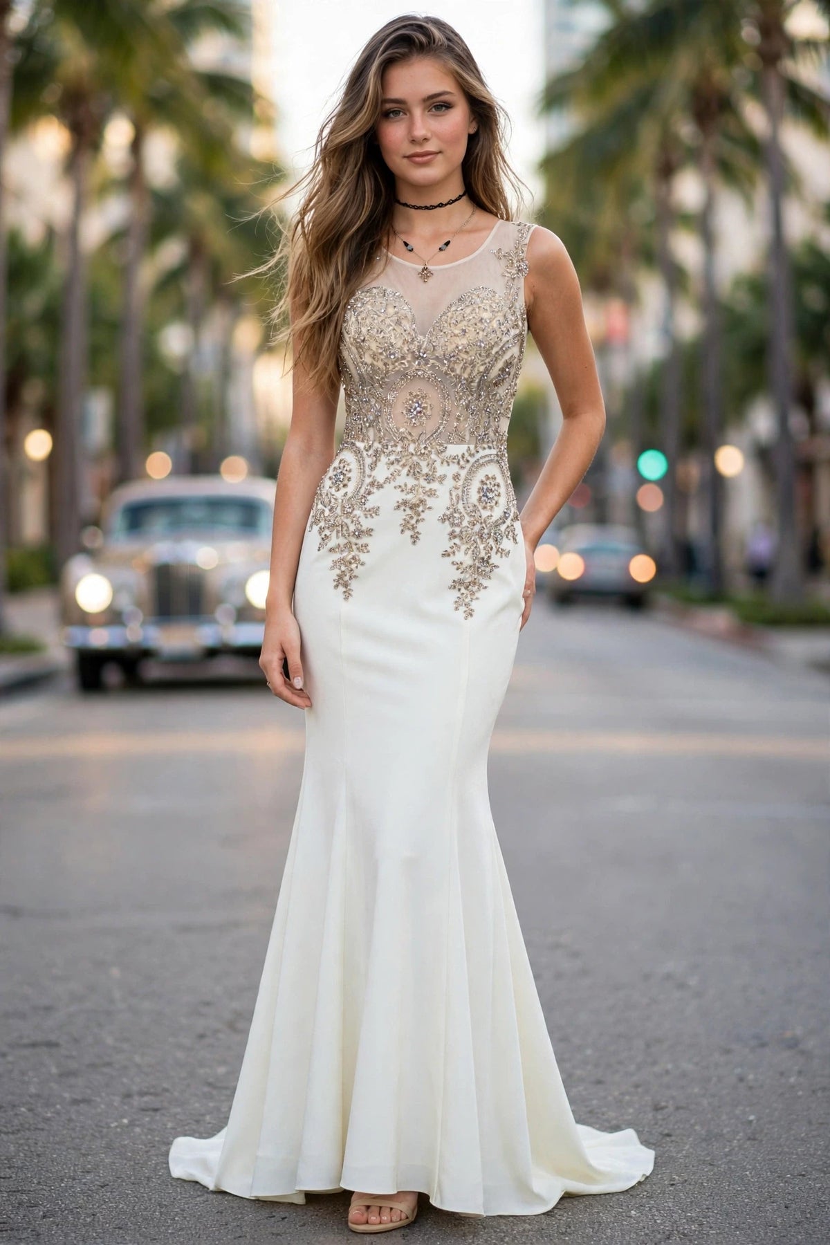 Ivory Beaded Illusion Mermaid Prom Gown, front view | PromGirlOutlet