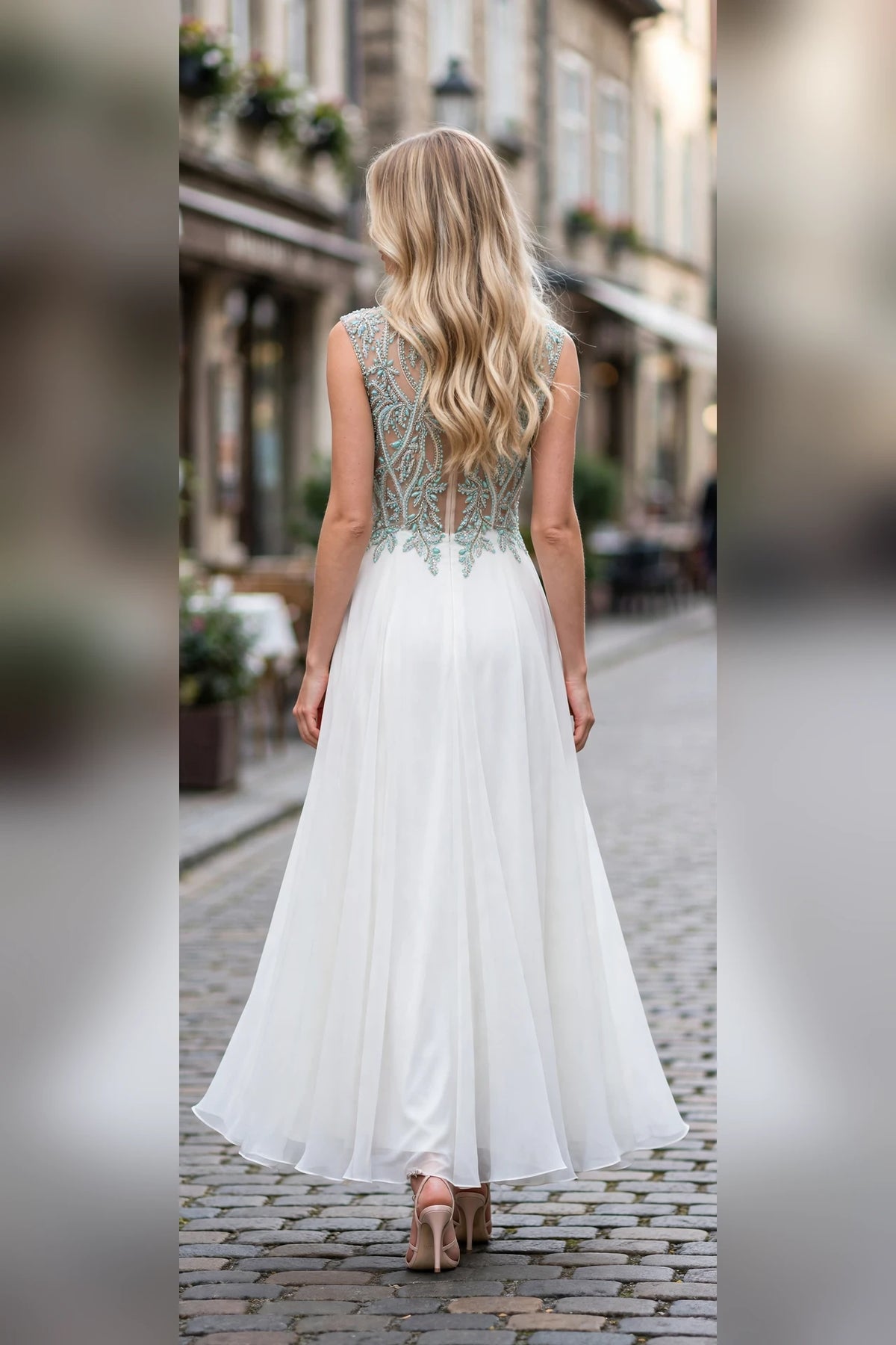 Mint/White beaded illusion chiffon A-line gown, back view | PromGirlOutlet