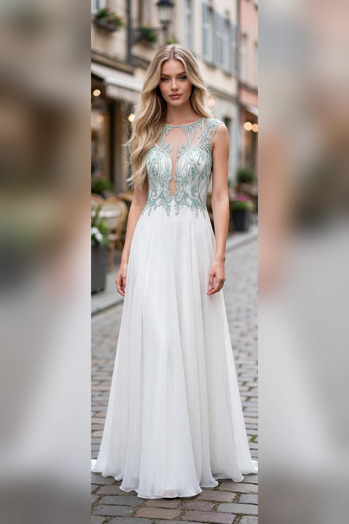 Mint/White beaded illusion chiffon A-line gown, front view | PromGirlOutlet