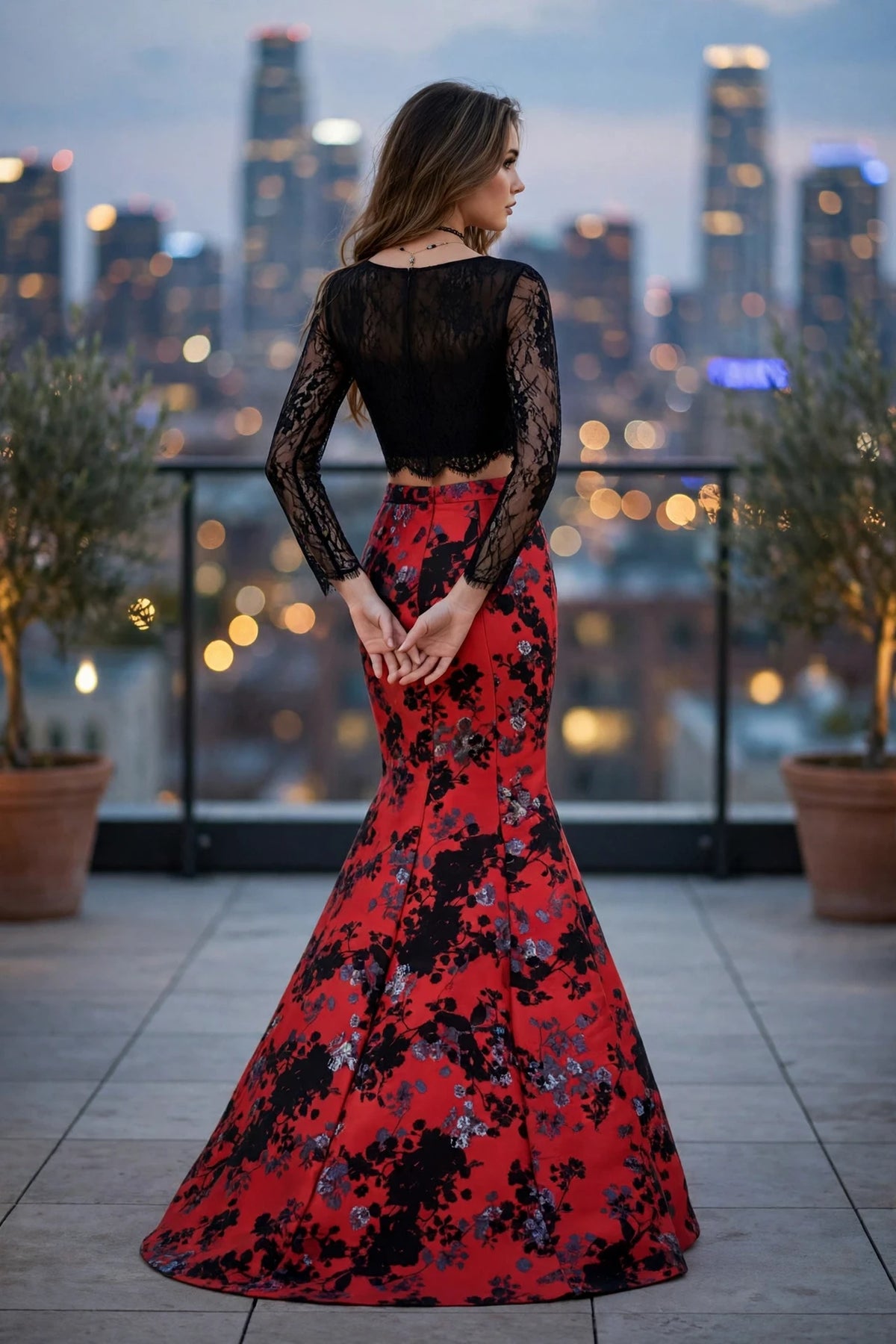 Black Red two-piece lace mermaid prom dress, back view | PromGirlOutlet