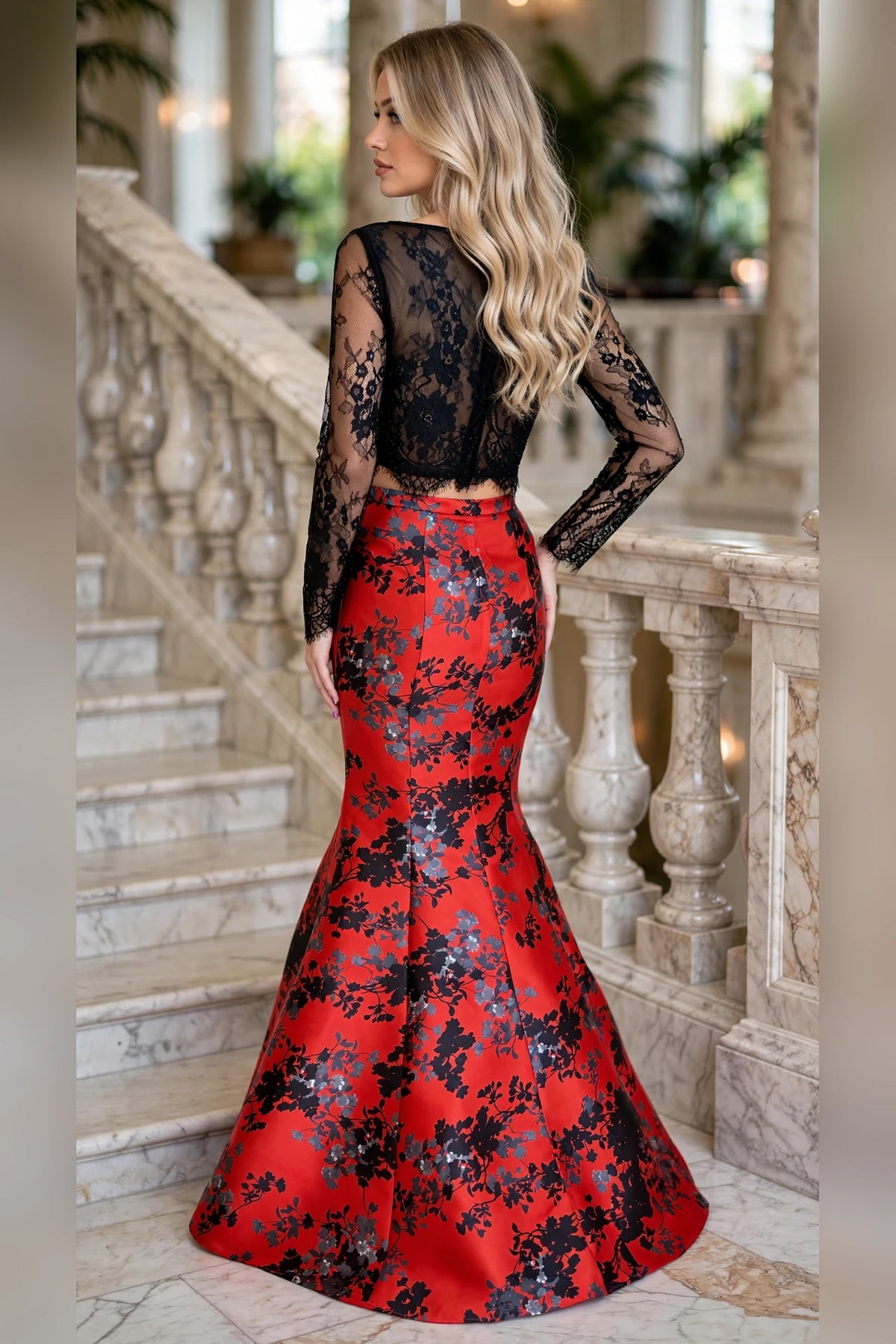 Red and Black Illusion Lace Two-Piece Mermaid Prom Gown, back view | PromGirlOutlet