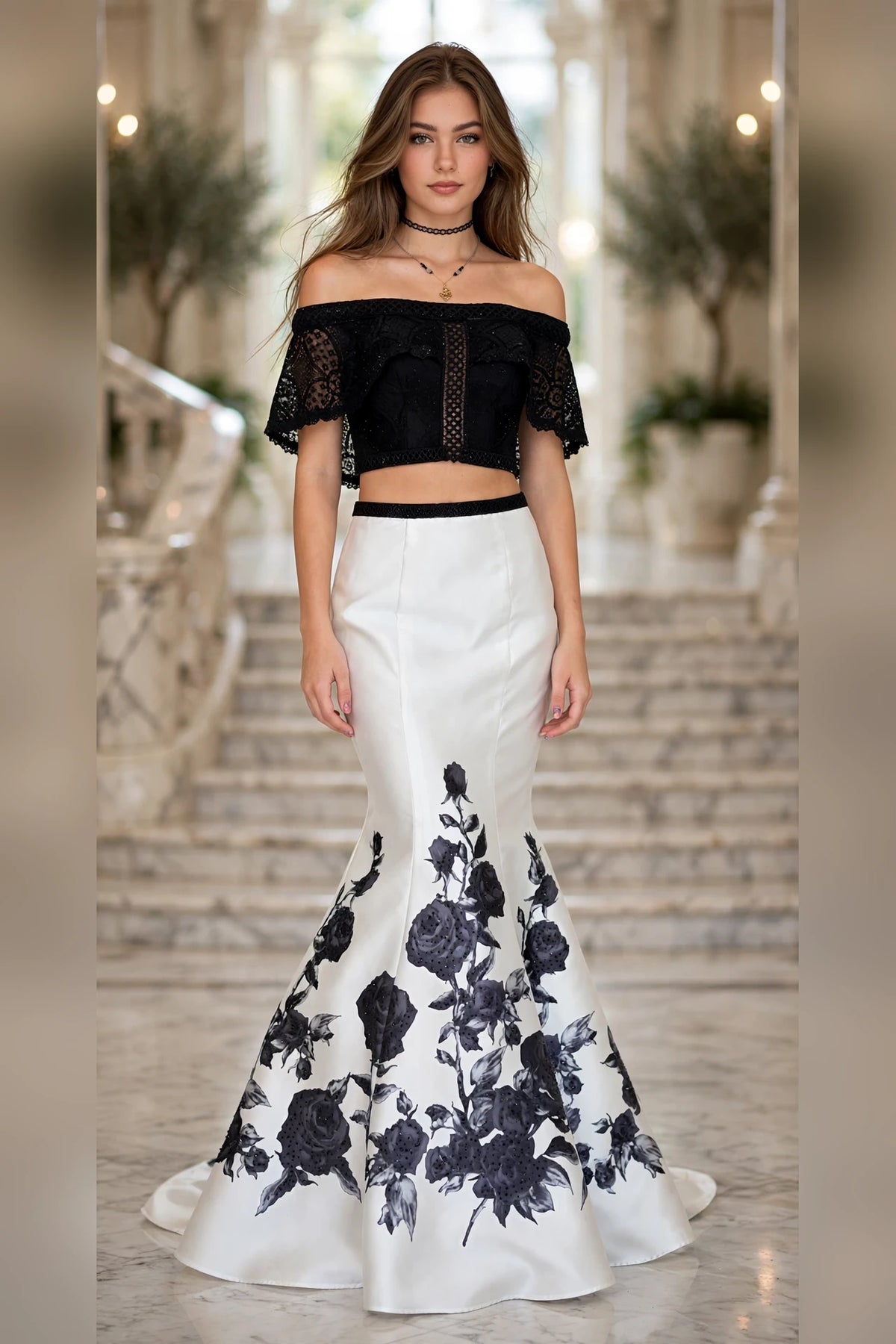 Black and white two-piece prom dress with off-shoulder lace top and rose print skirt, front view | PromGirlOutlet