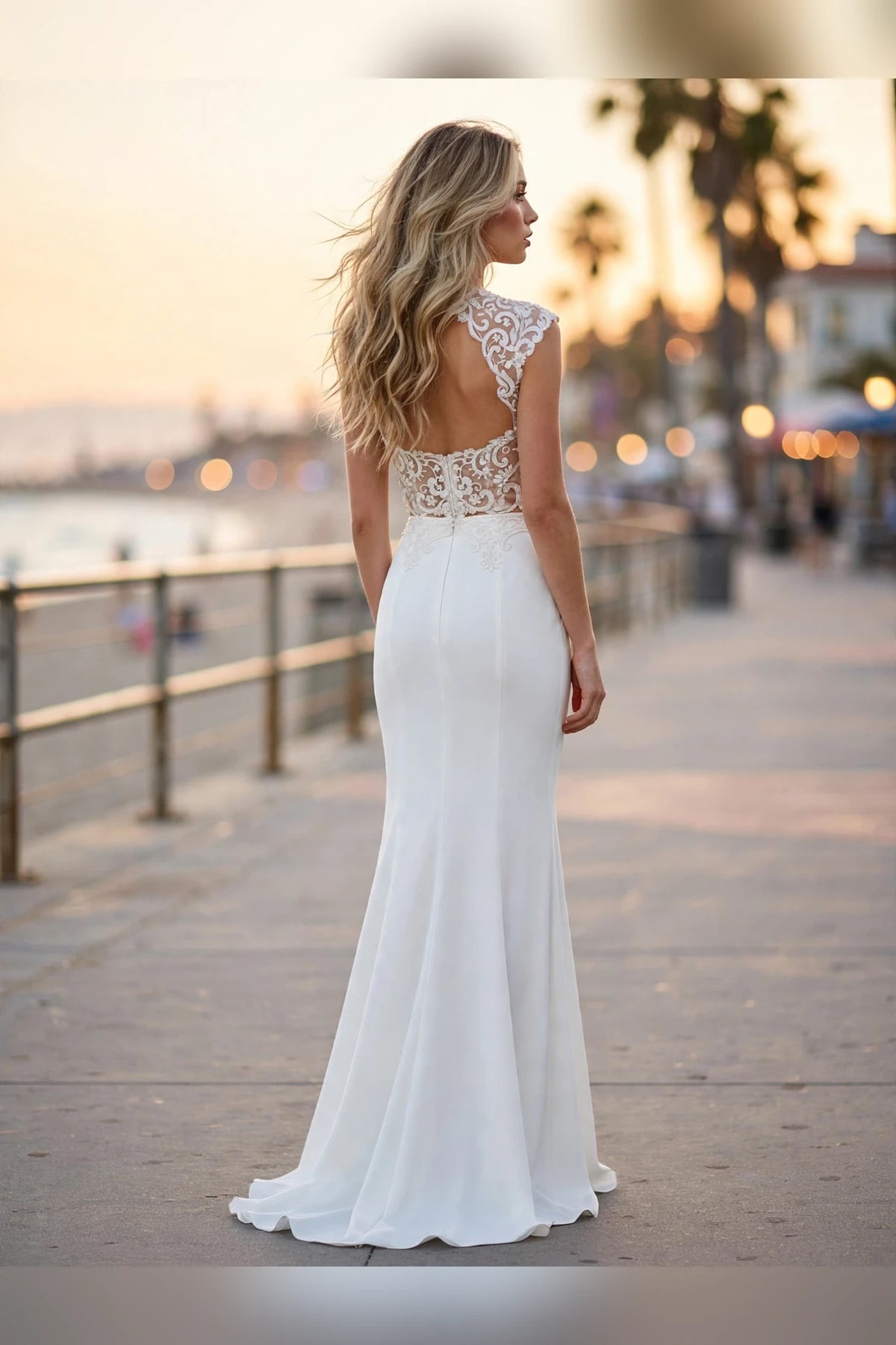 Ivory two-piece lace gown with illusion high neck and open back, back view | PromGirlOutlet