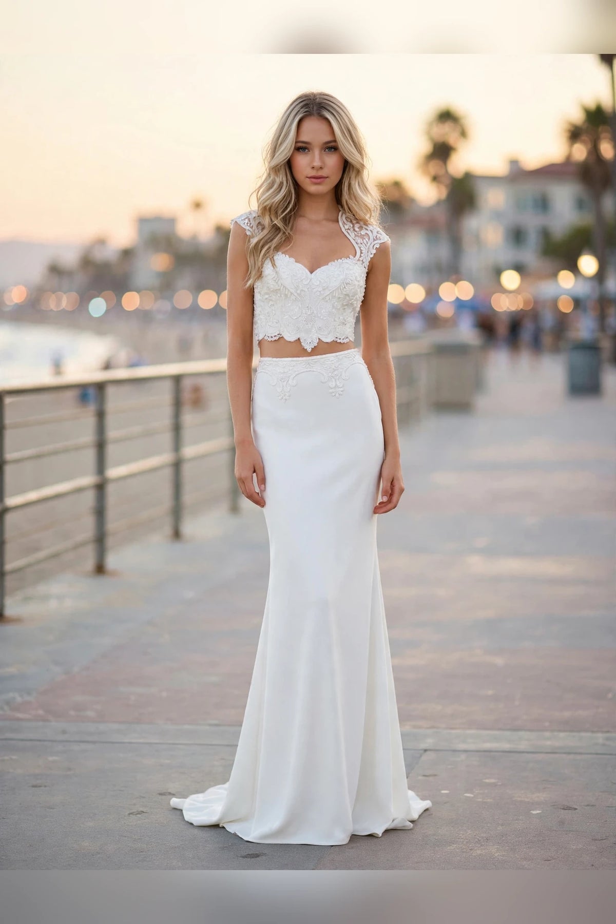 Ivory two-piece lace gown with illusion high neck and open back, front view | PromGirlOutlet