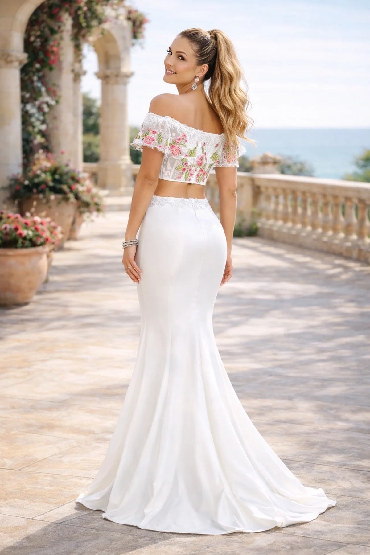 Two-Piece Floral Print Off-Shoulder Formal Dress - back view