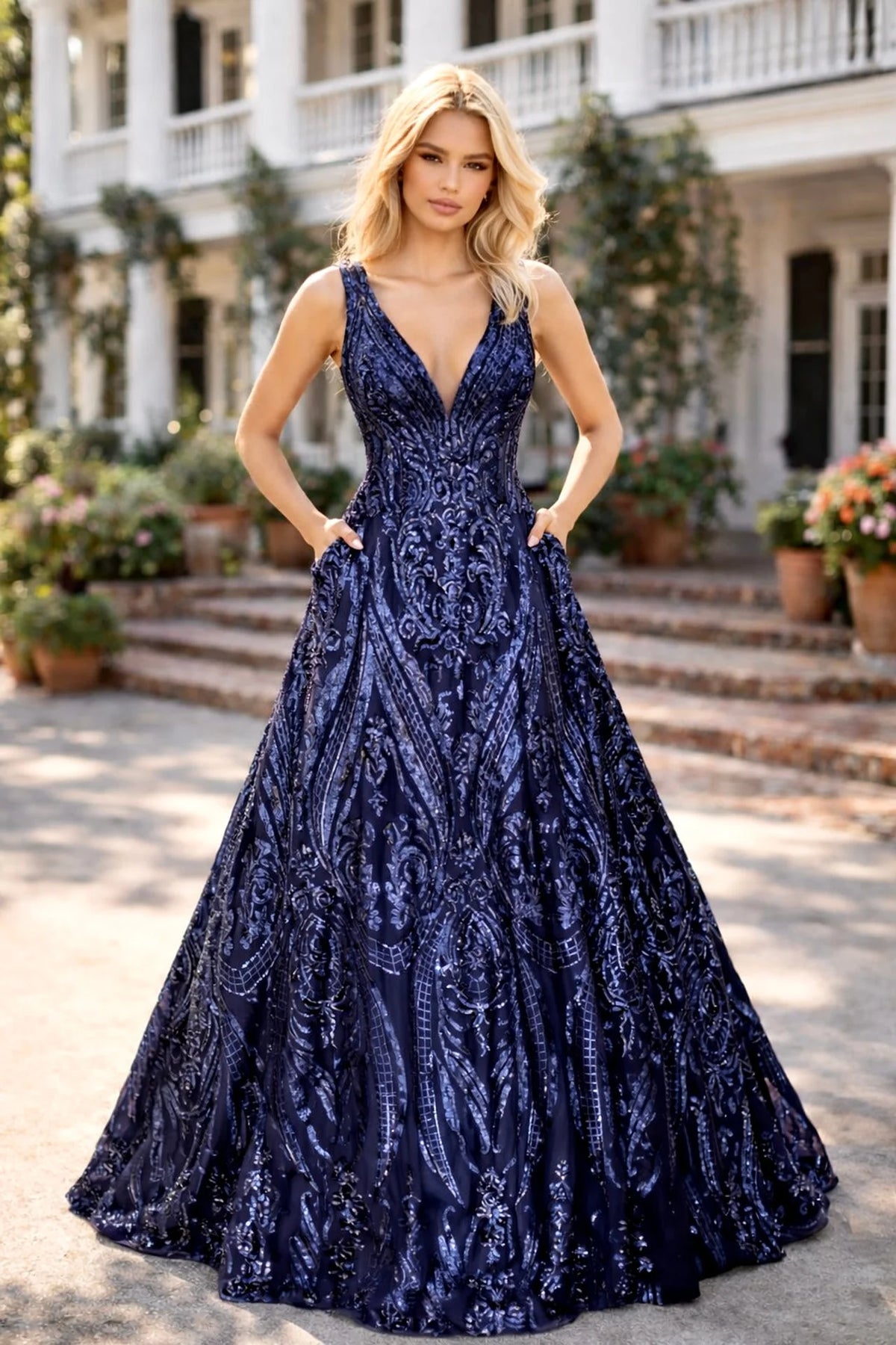 Plunging V-Neck Sequin Ball Gown with Pockets - front view