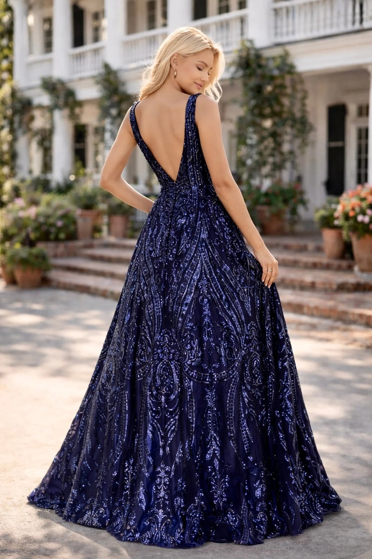 Plunging V-Neck Sequin Ball Gown with Pockets - back view