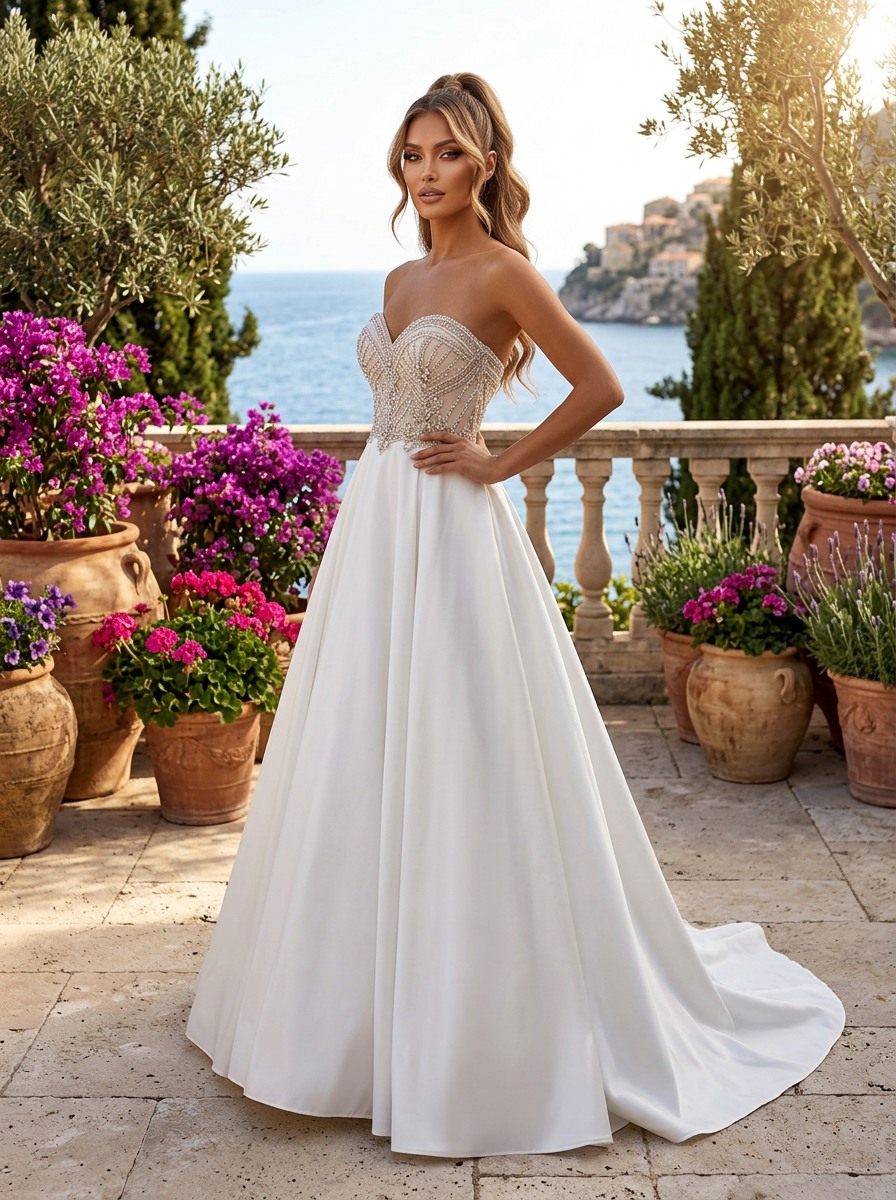 Strapless Beaded Satin Wedding Dress