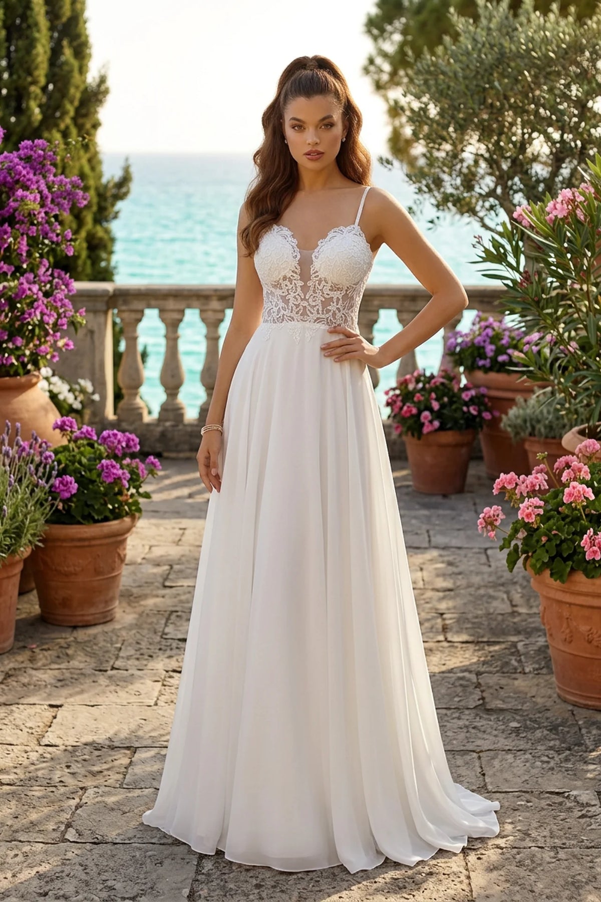 White A-Line Beaded Lace Chiffon Wedding Dress - back view