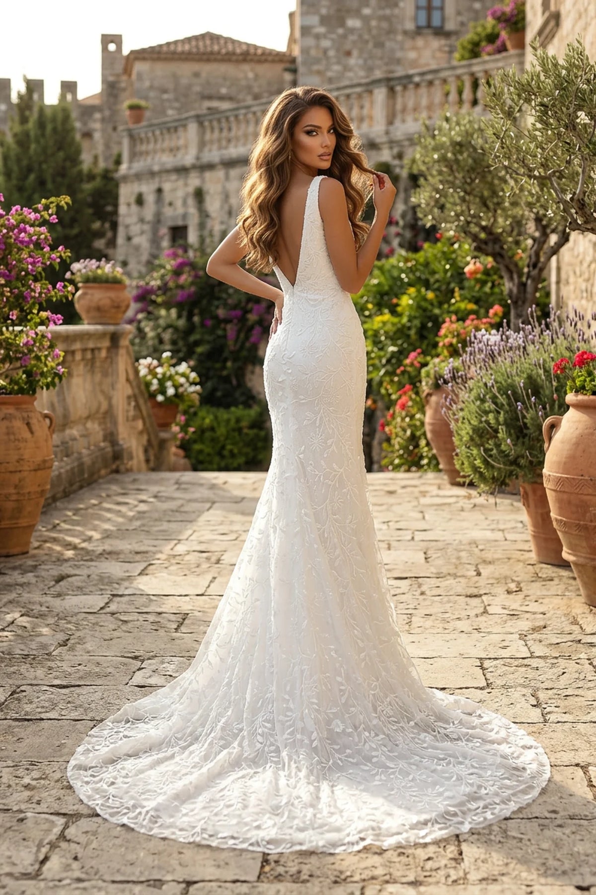 V-Neck Lace Open Back Wedding Dress - back view