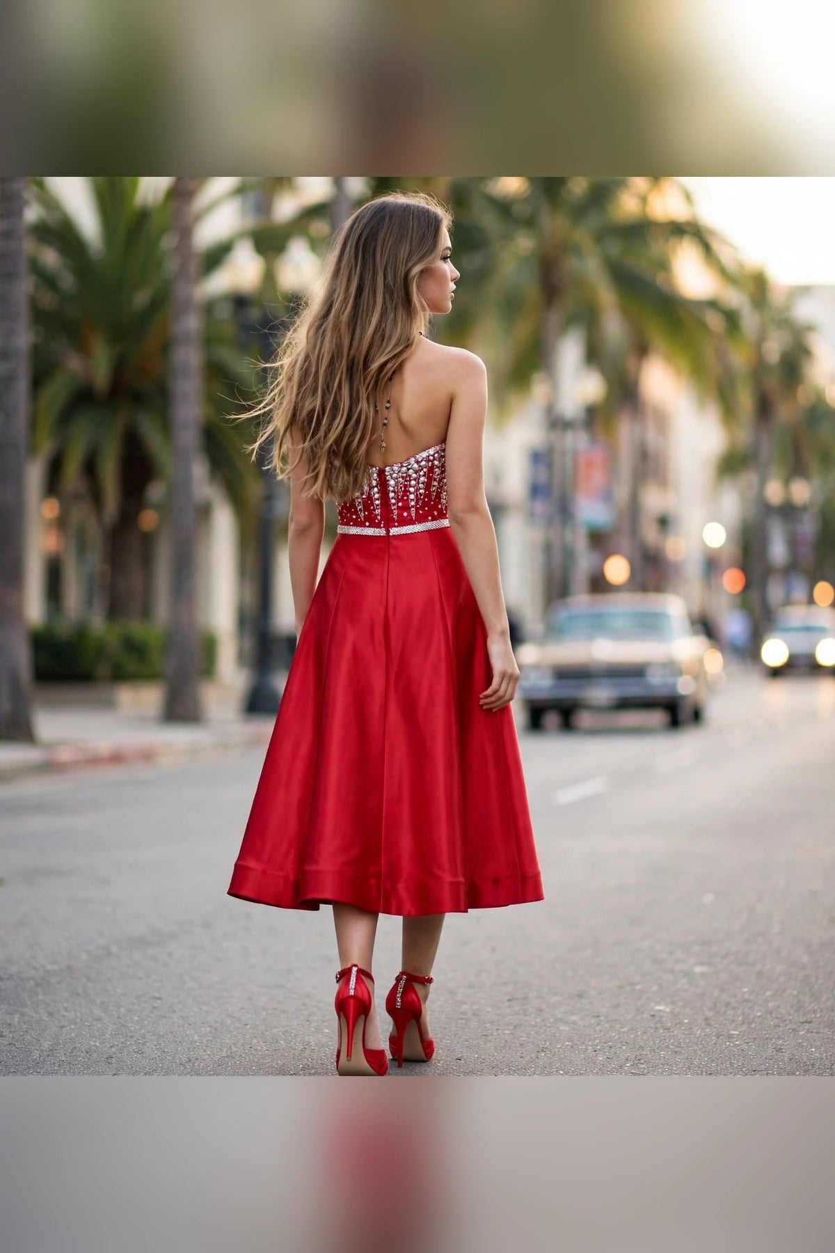 Lipstick Red strapless sweetheart crystal-beaded tea-length satin dress, back view | PromGirlOutlet