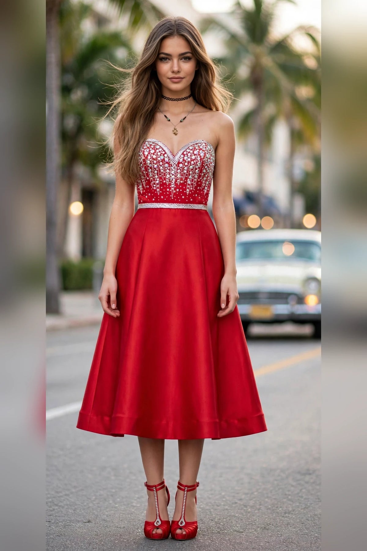 Lipstick Red strapless sweetheart crystal-beaded tea-length satin dress, front view | PromGirlOutlet