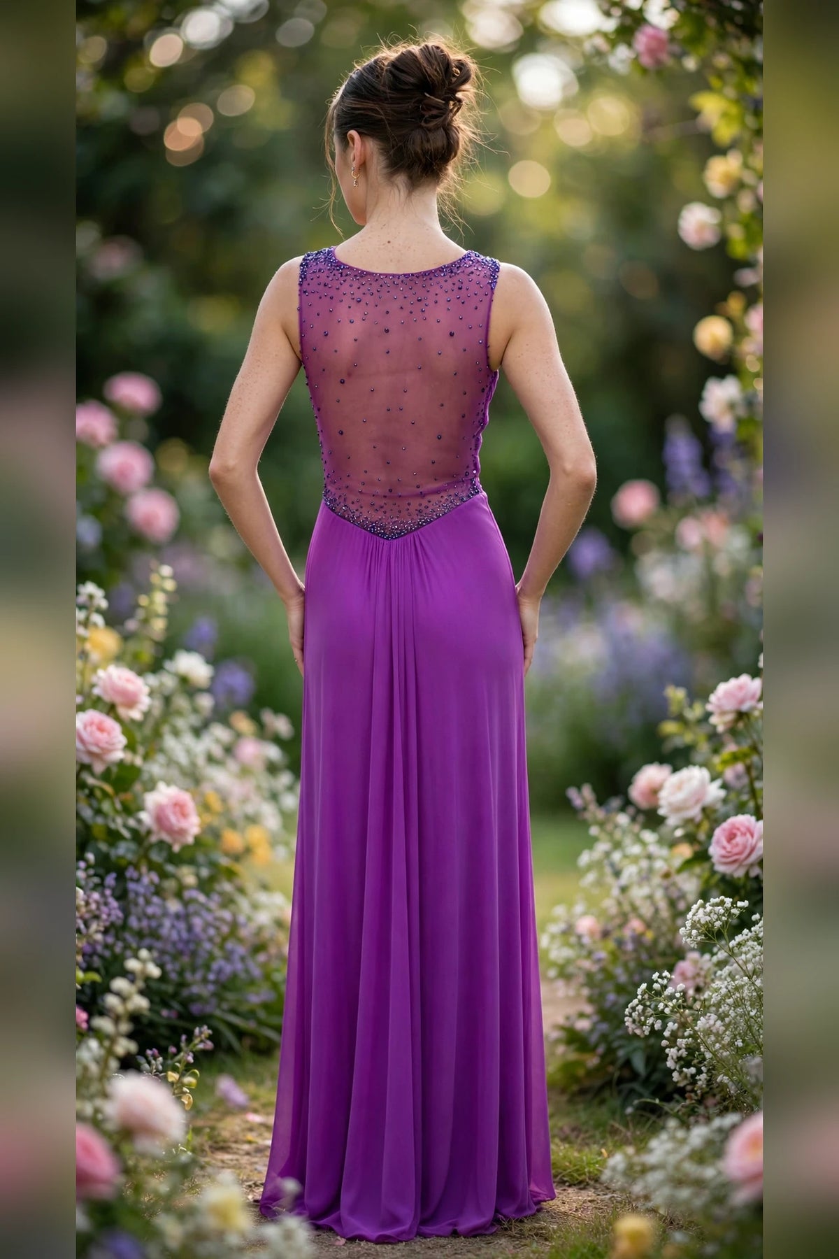 Orchid Illusion Neckline Beaded Bodice Evening Gown, back view | PromGirlOutlet
