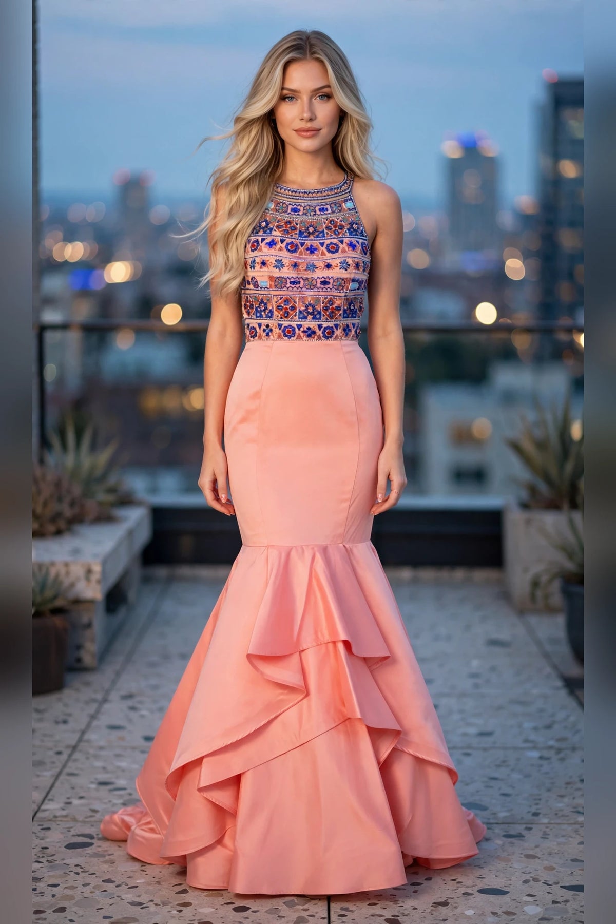 Coral Beaded Halter Mermaid Prom Dress, front view | PromGirlOutlet