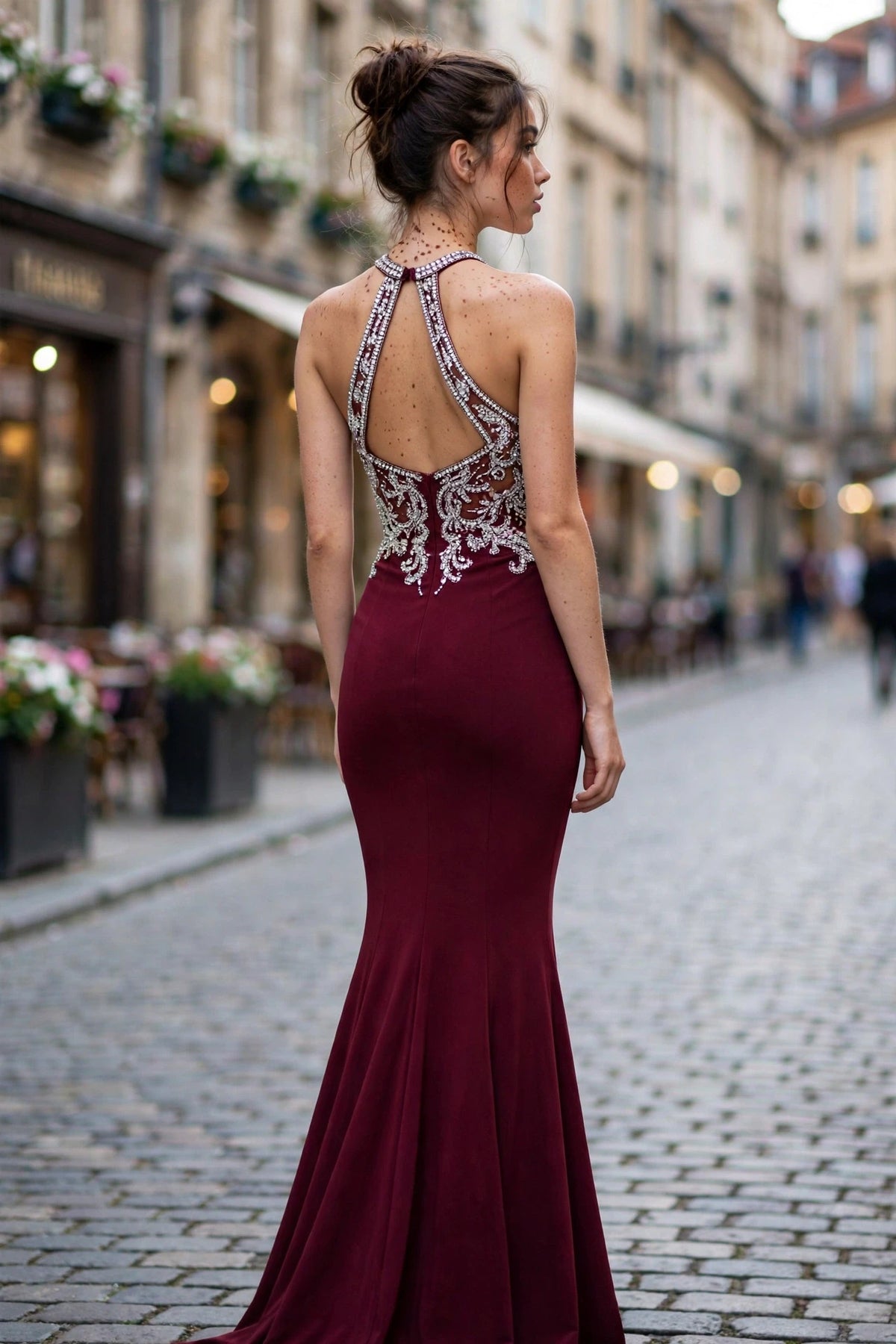 Marsala beaded halter mermaid gown with silver crystal bodice, back view | PromGirlOutlet