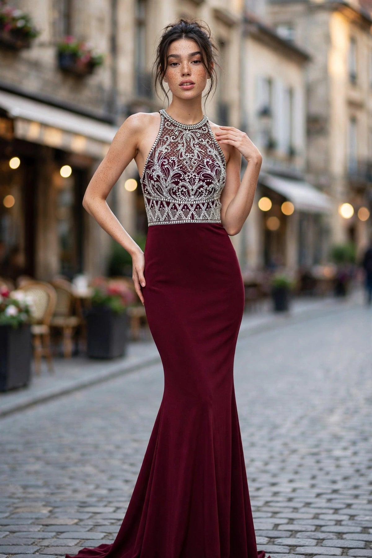 Marsala beaded halter mermaid gown with silver crystal bodice, front view | PromGirlOutlet
