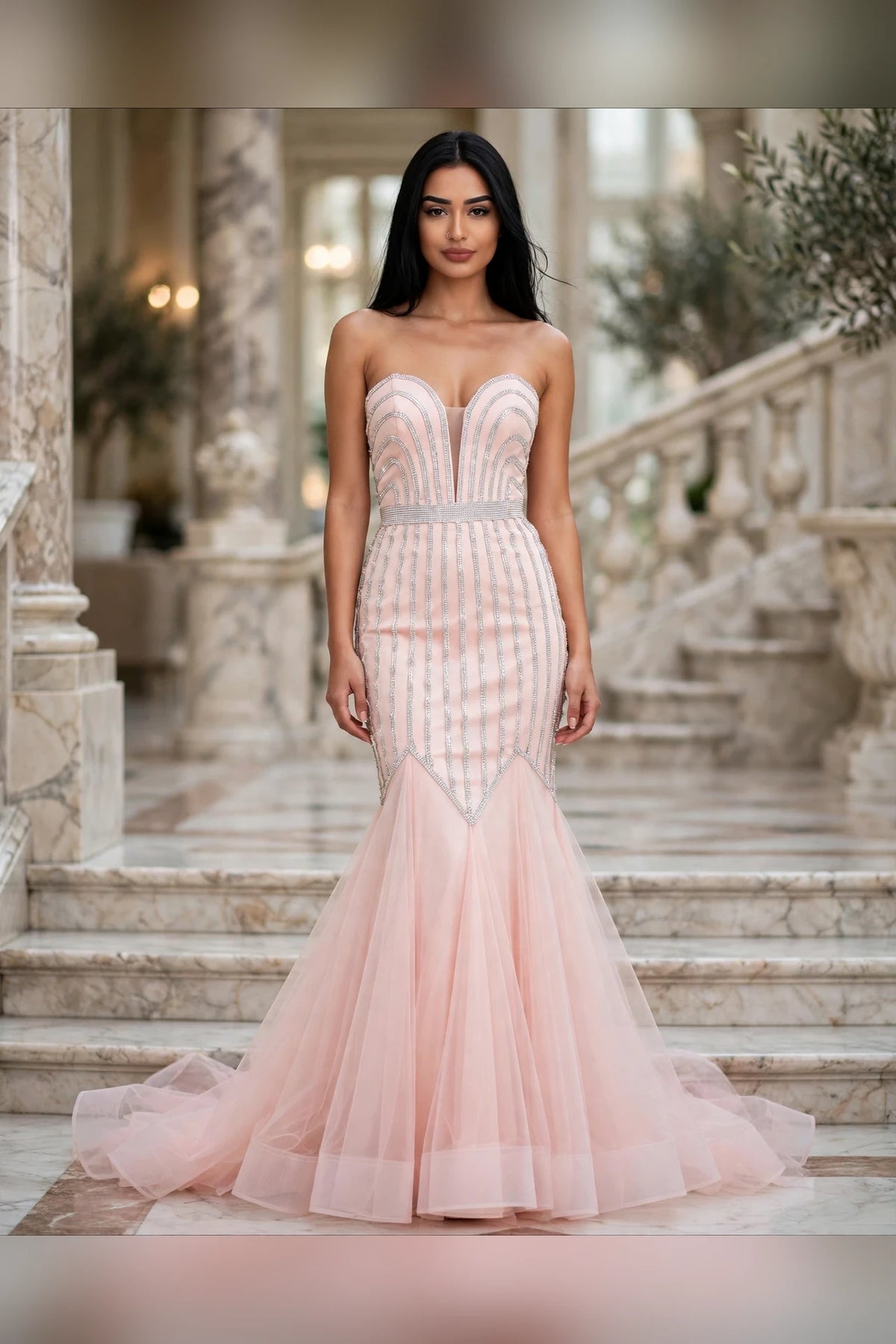 Blush crystal beaded strapless sweetheart mermaid gown with tulle skirt, front view | PromGirlOutlet