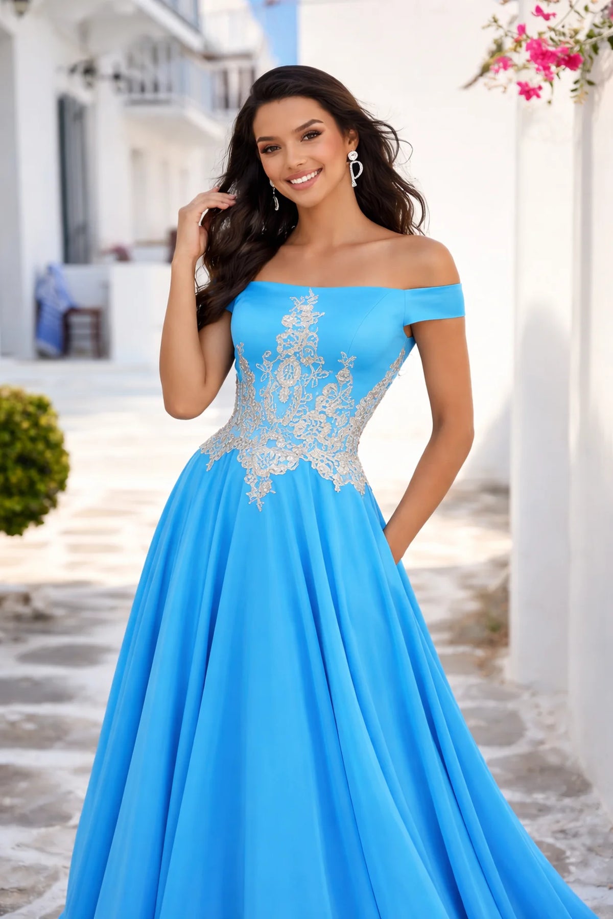 Off-Shoulder Chiffon Prom Dress with Gold Lace Bodice - back view