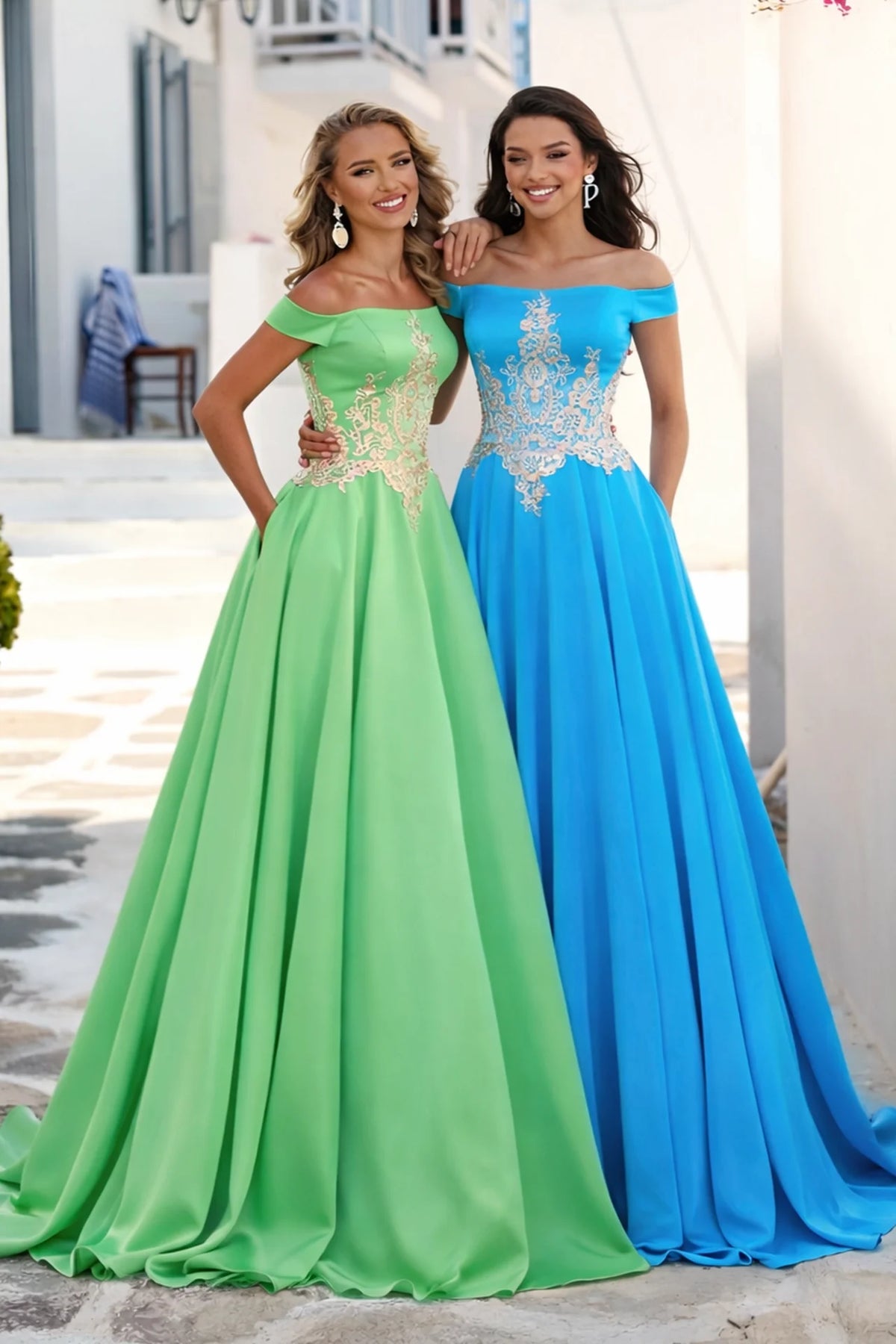 Off-Shoulder Chiffon Prom Dress with Gold Lace Bodice - front view