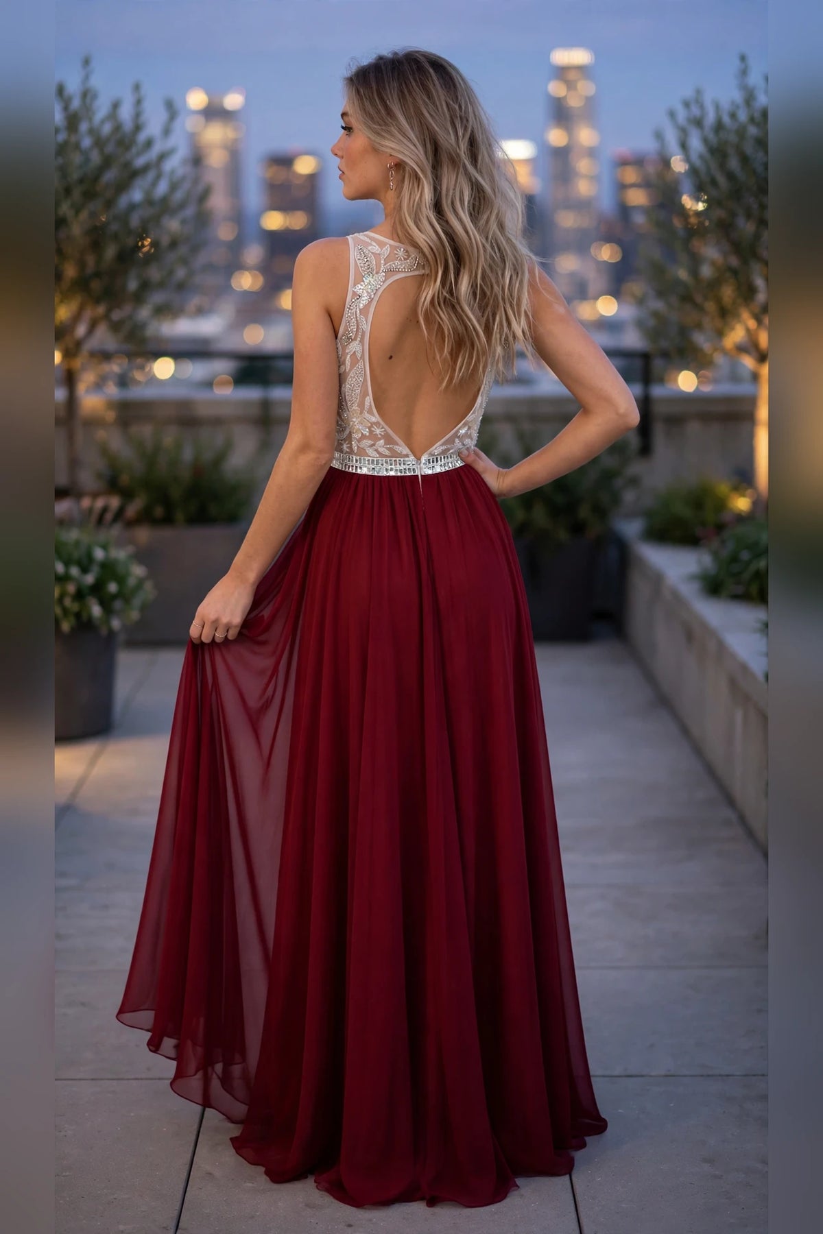 Wine Wine Red Chiffon A-Line Gown with Beaded Illusion Bodice and Keyhole Back, back view | PromGirlOutlet