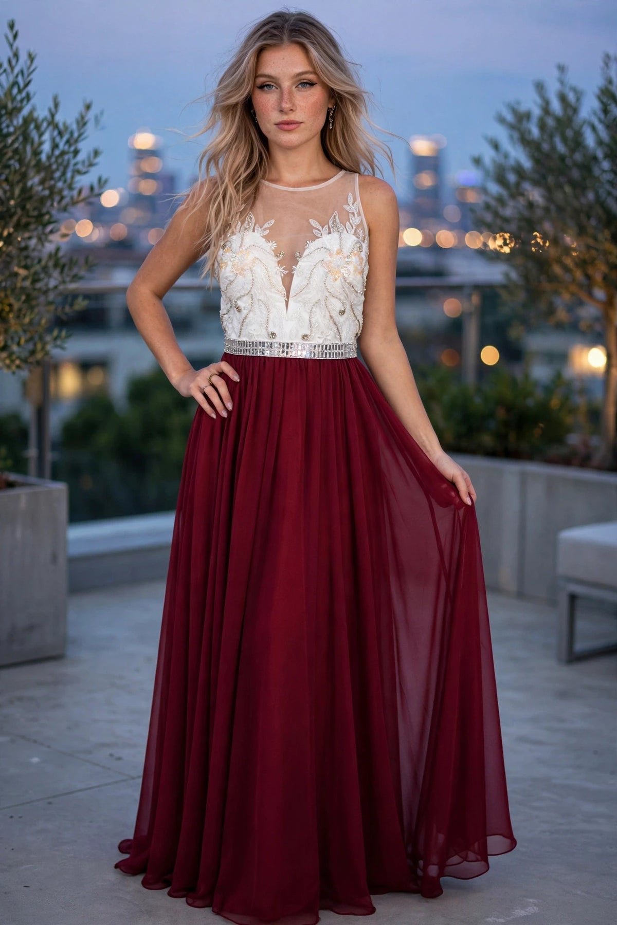 Wine Wine Red Chiffon A-Line Gown with Beaded Illusion Bodice and Keyhole Back, front view | PromGirlOutlet