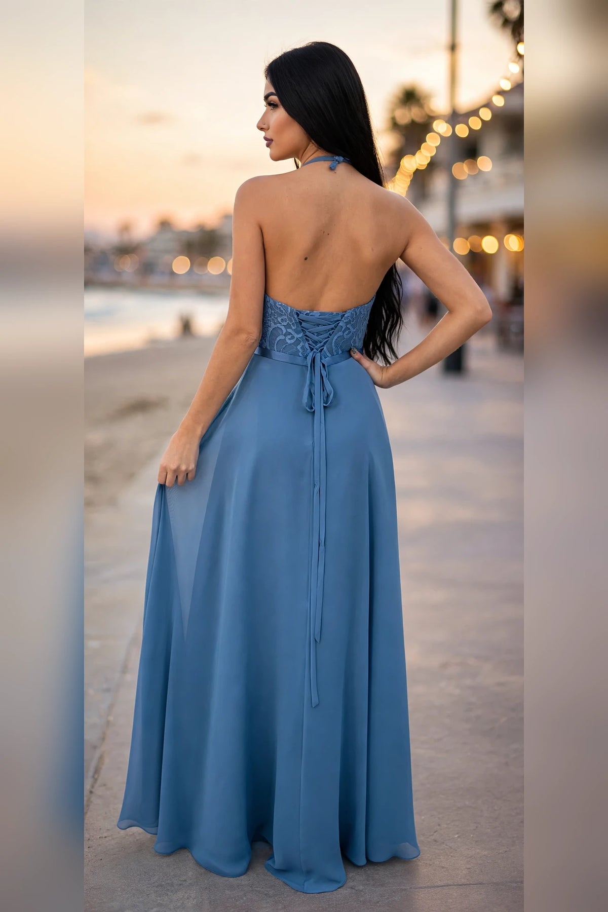 Slate Blue Lace Halter Chiffon Prom Gown, back view | PromGirlOutlet