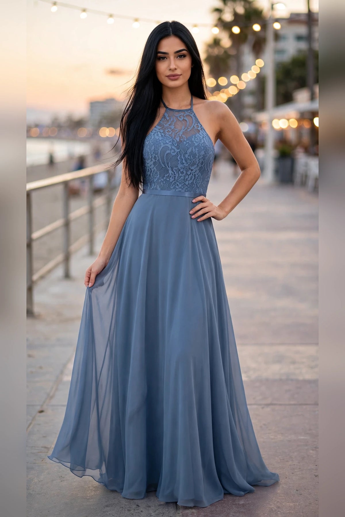 Slate Blue Lace Halter Chiffon Prom Gown, front view | PromGirlOutlet