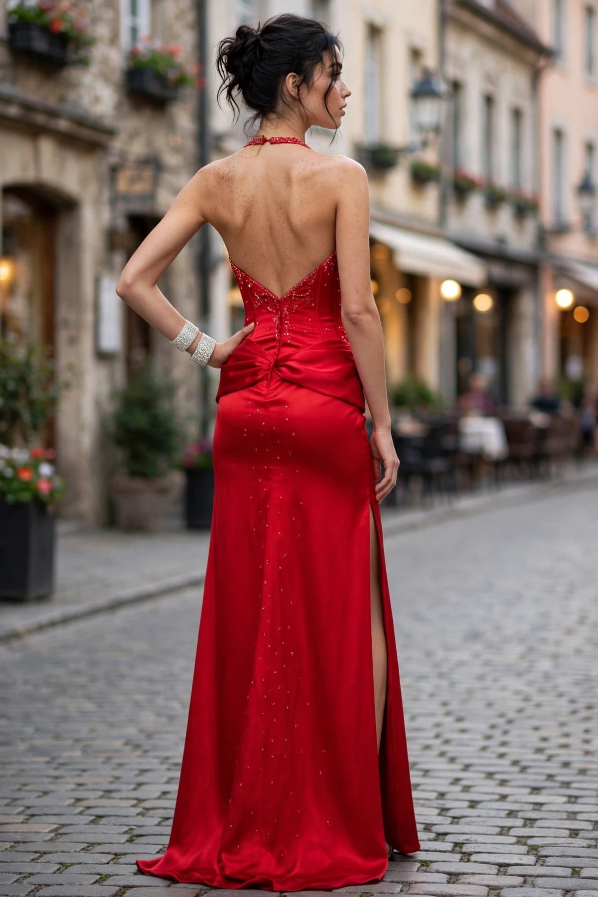 Red beaded halter satin gown with high slit and bow back, back view | PromGirlOutlet