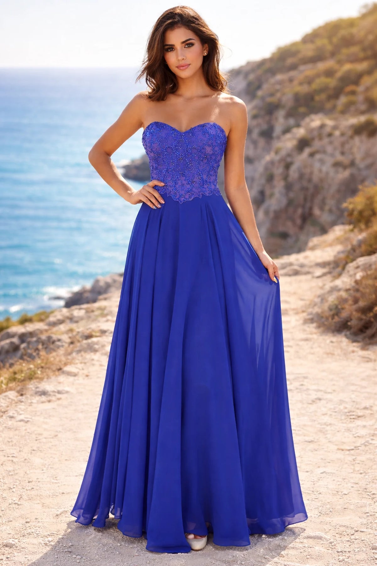 Strapless Chiffon A-Line Formal Dress with Beaded Bodice - front view