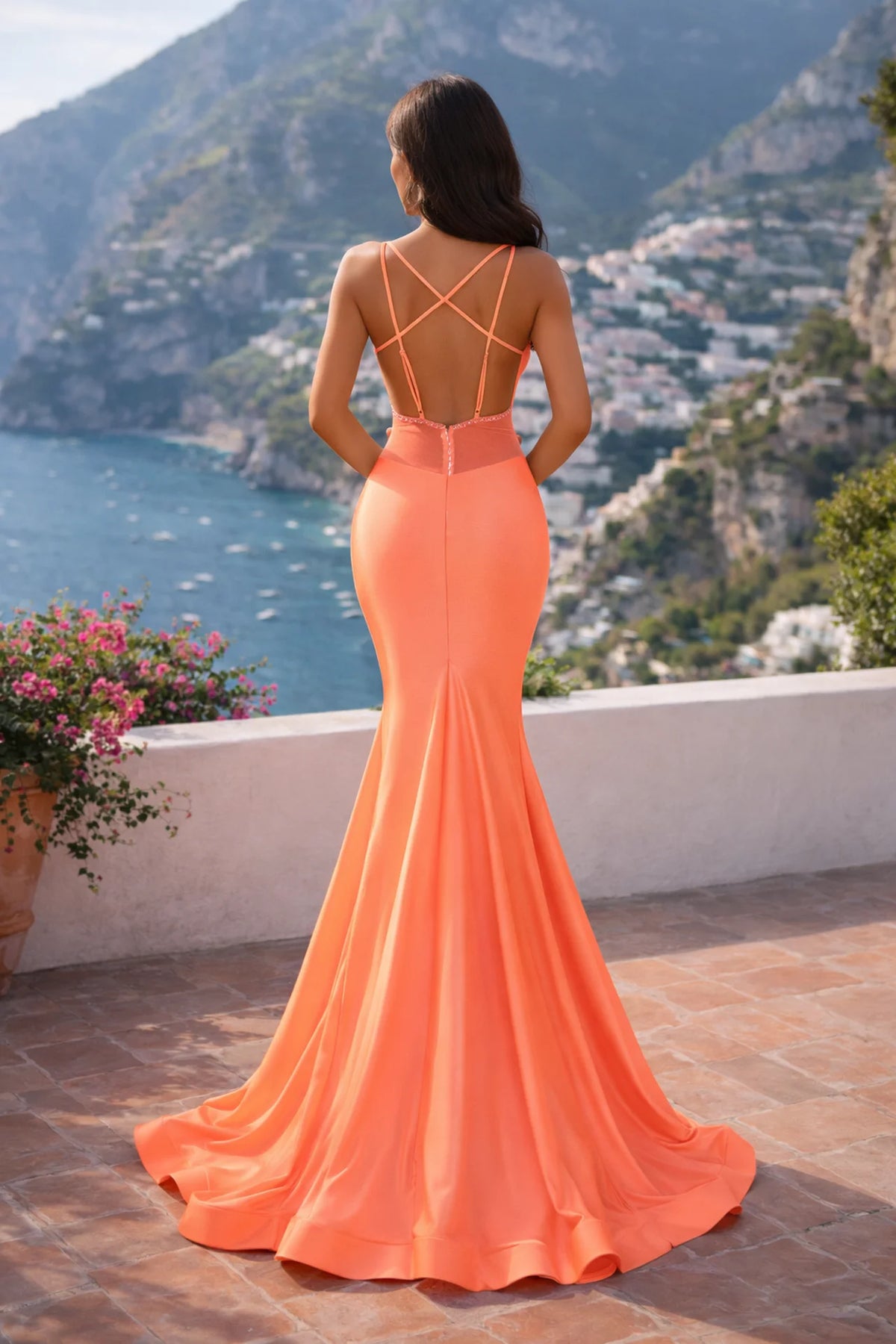 Plunging V-Neck Fitted Evening Gown with Crisscross Open Back - back view