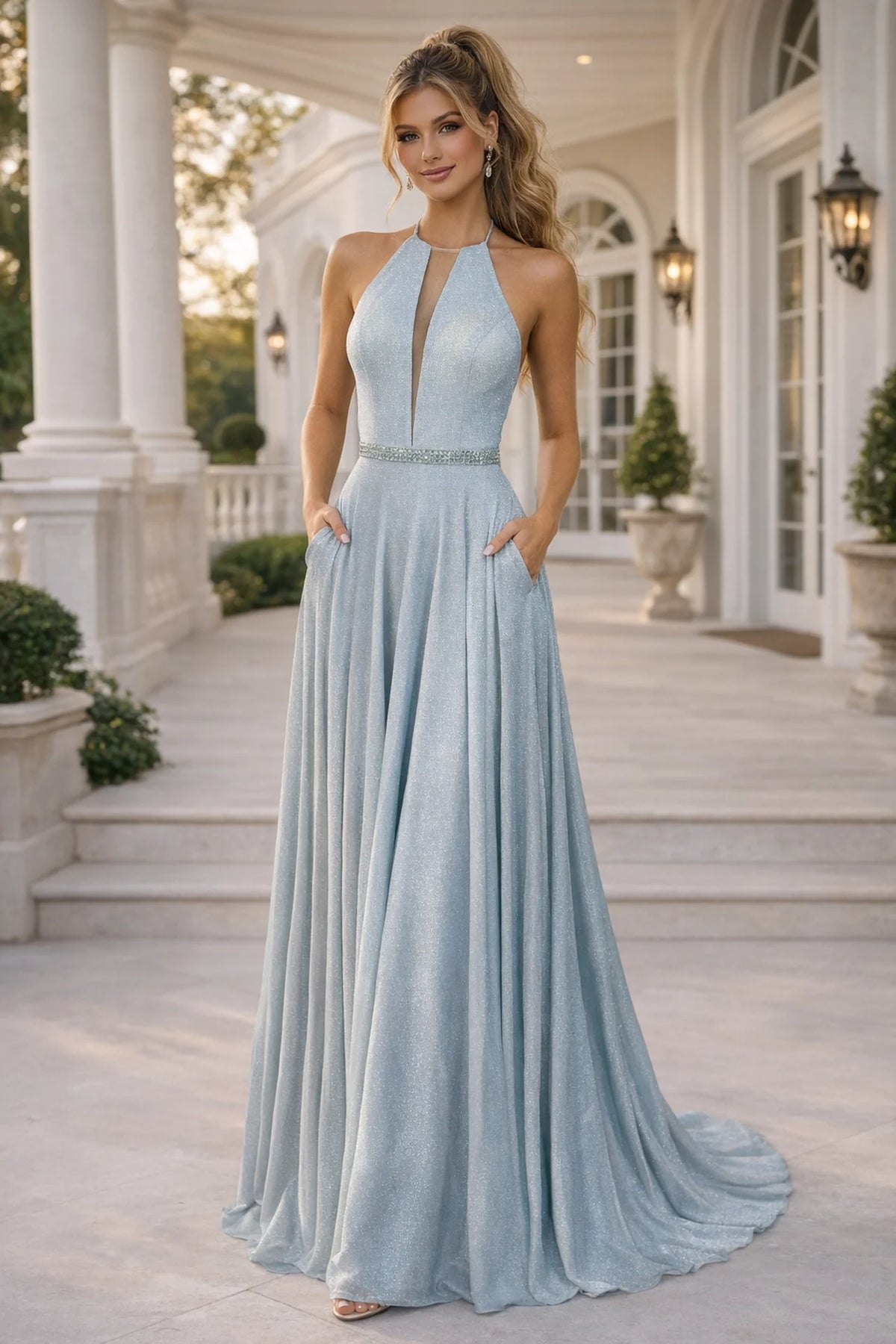 Plunging Halter Shimmer Jersey A-Line Prom Dress with Open Back - front view