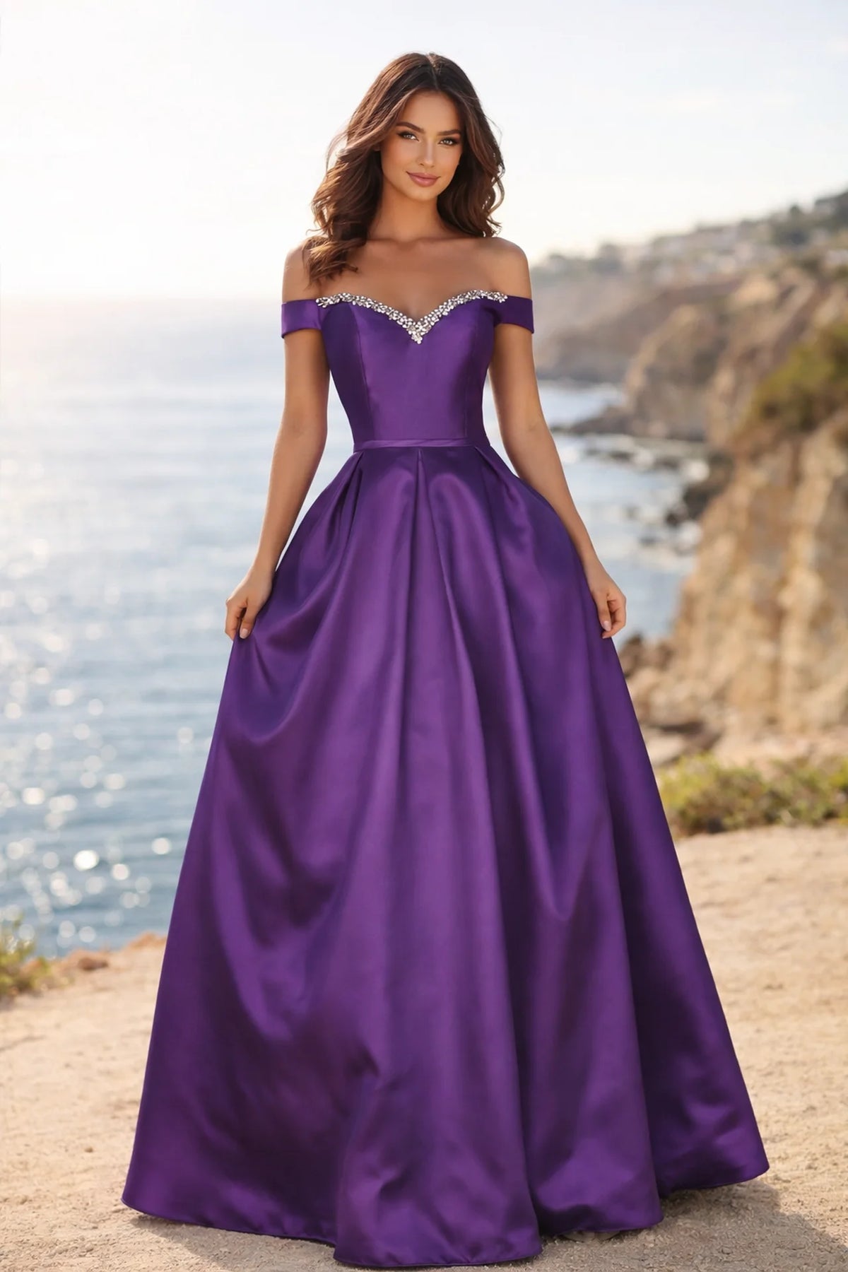 Elegant off-shoulder mikado formal ball gown with beaded detail and hidden pockets