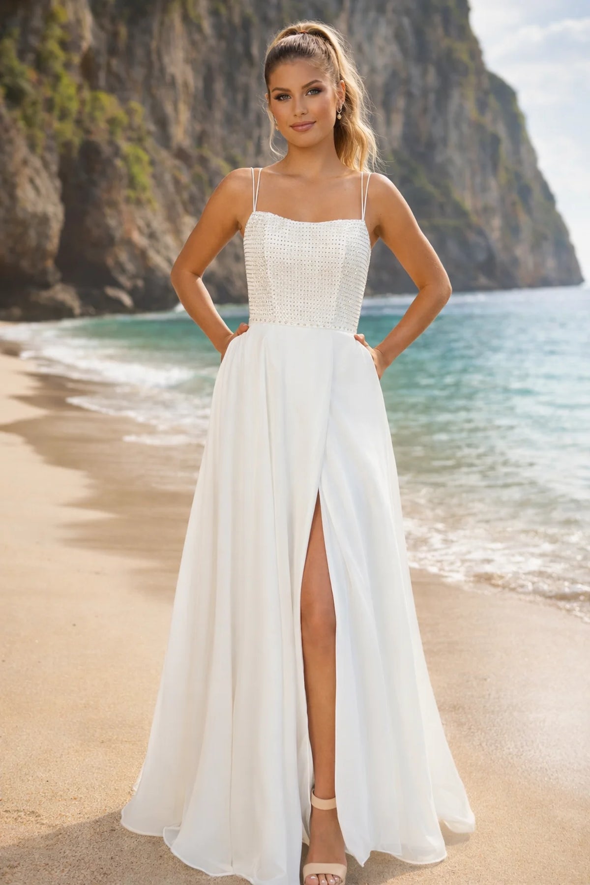 Embellished A-Line Evening Gown with Spaghetti Straps and High Slit - front view