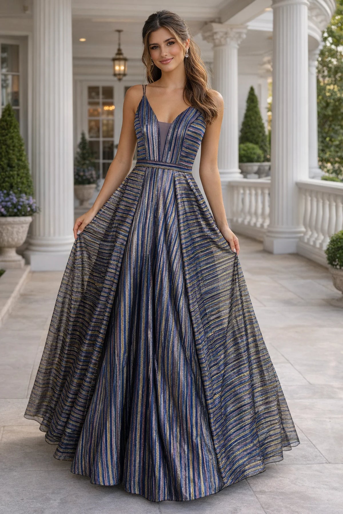 Metallic stripe A-line evening gown with V-neckline and spaghetti straps featuring functional pockets