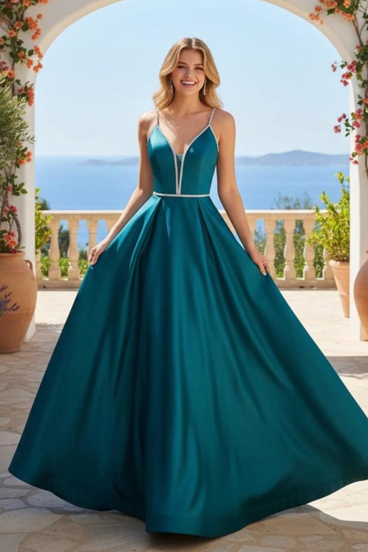Beaded Open Back Formal Prom Pageant Dress - front view
