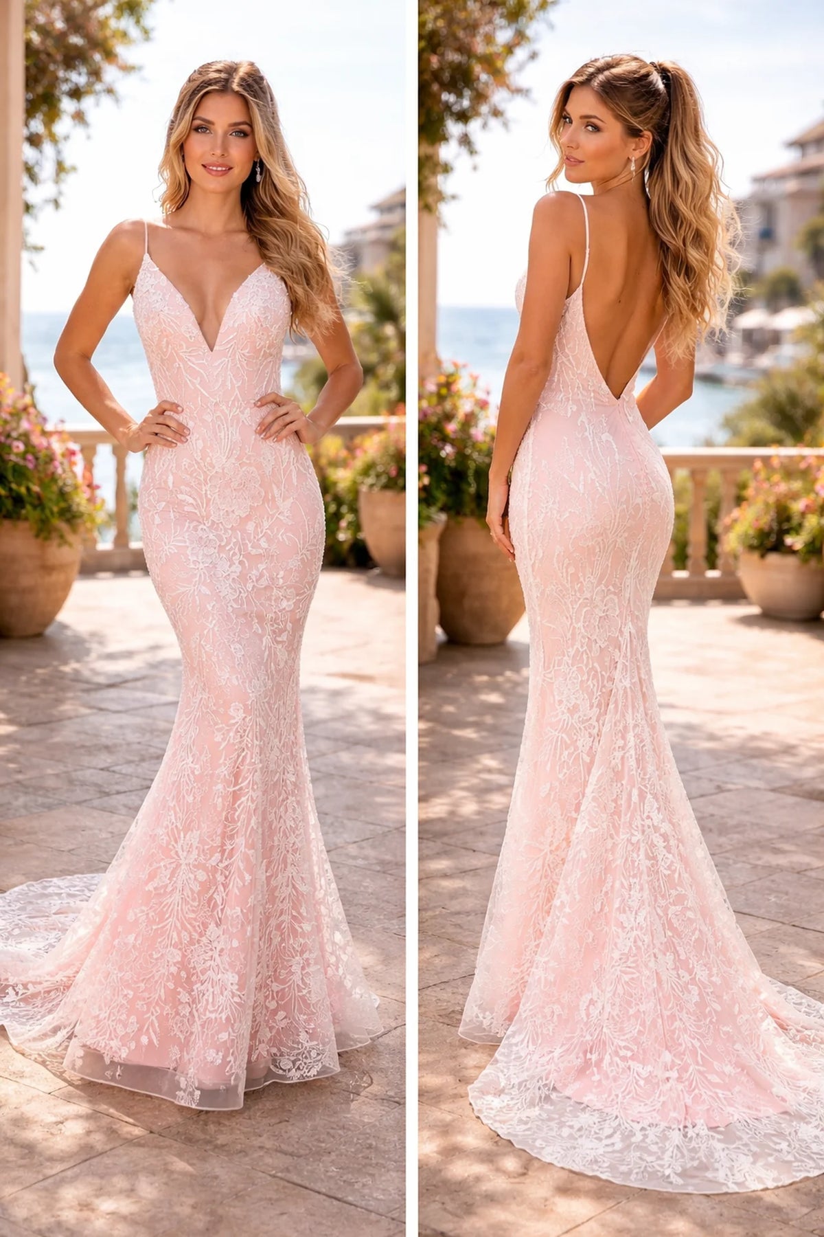 Plunging V-Neck Lace Fitted Evening Gown with Sheer Overlay - front view