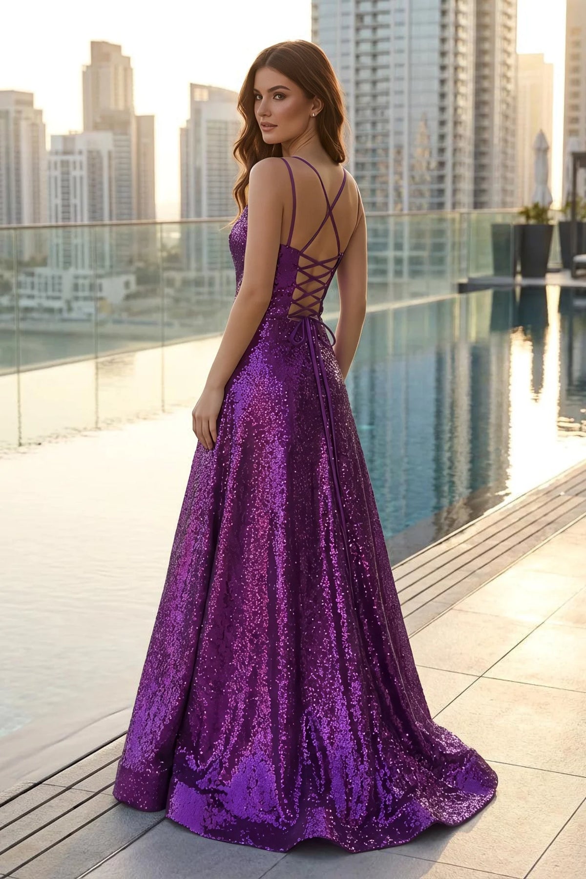 Sequin A-Line Evening Gown with Plunging V-Neck and Strappy Back - back view