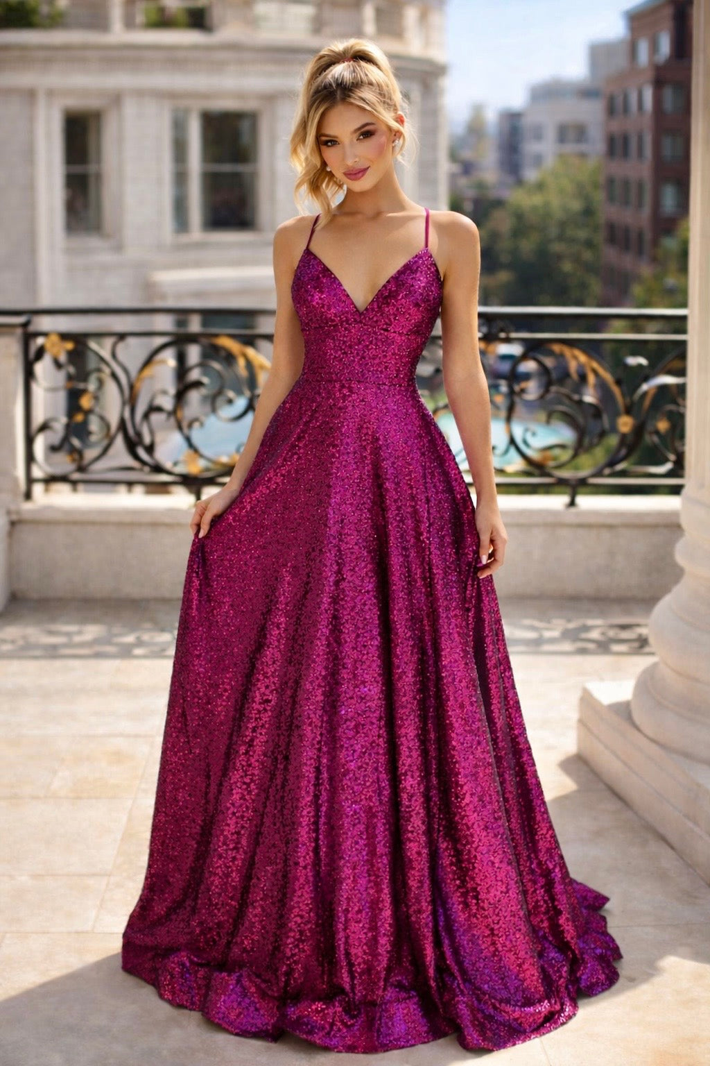 V-Neck Sequin Ball Gown with Lace-Up Back and Pockets - Elegant Formal Dress PromGirlOutlet V-Neck Sequin Ball Gown with Lace-Up Back and Pockets - Elegant Formal Dress PromGirlOutlet