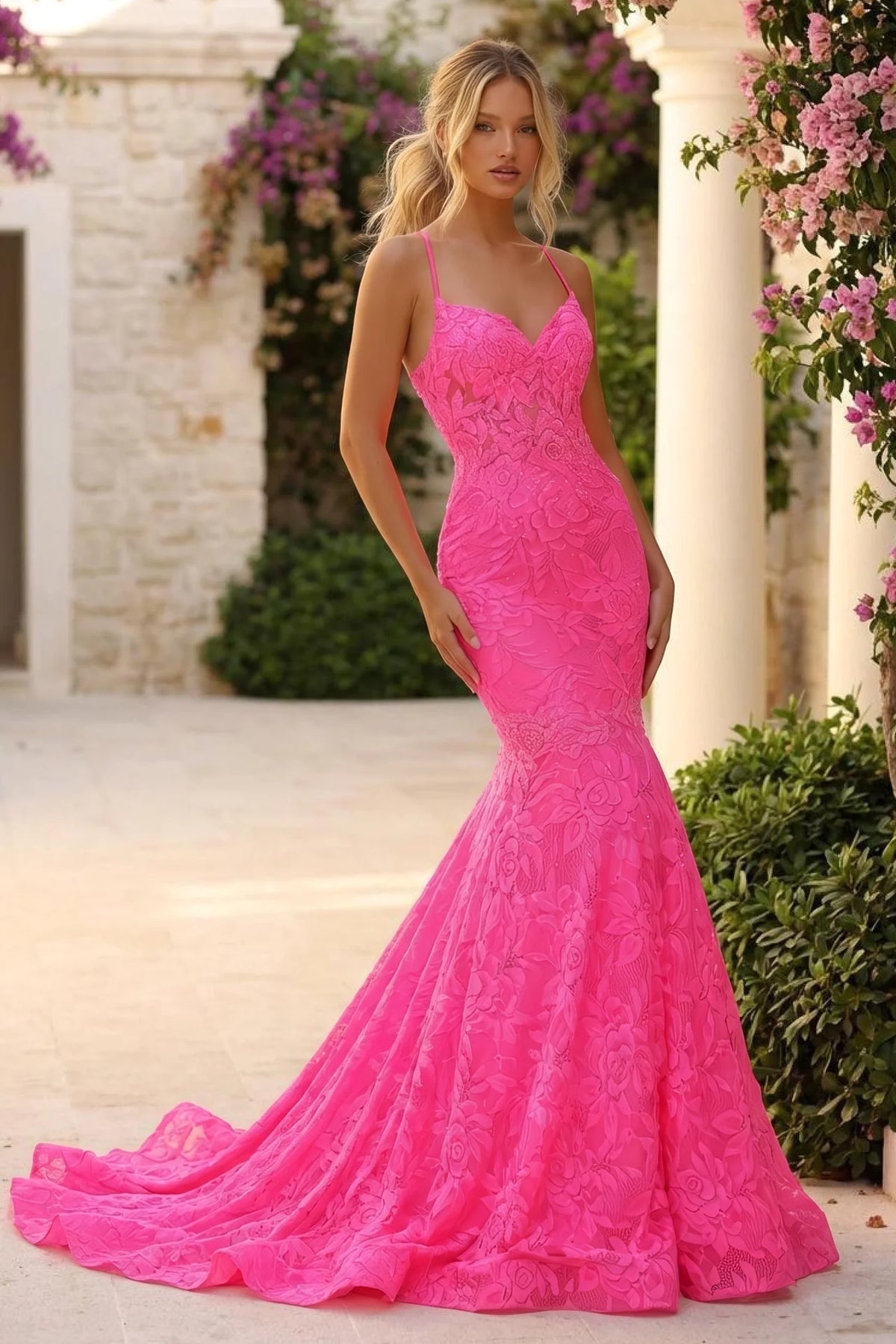 Beaded Lace Mermaid Prom Dress with Open Back - back view