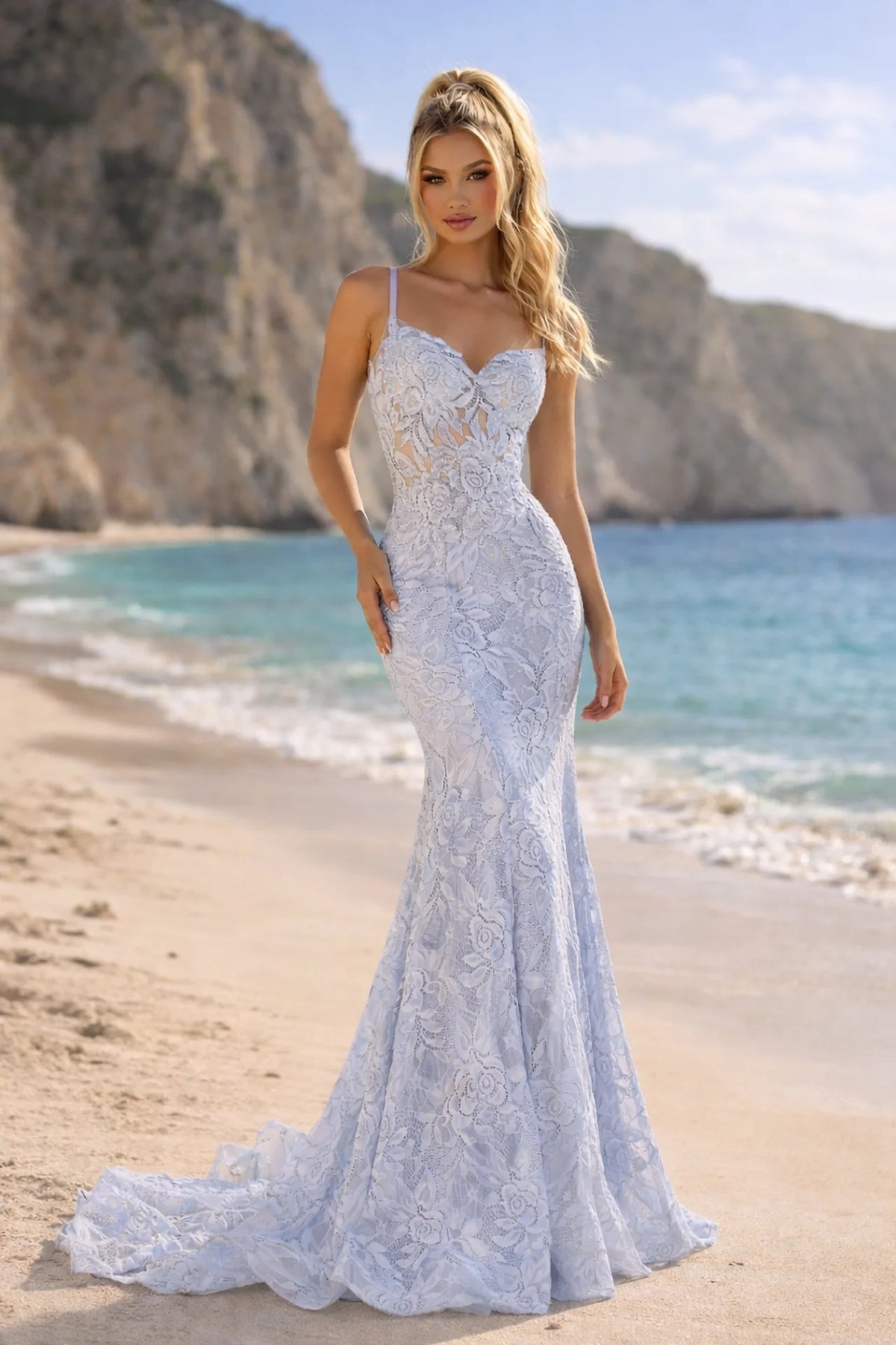 Lace Mermaid Prom Dress with Train – Fitted Spaghetti Strap Formal Gown in Lilac & Black - front view