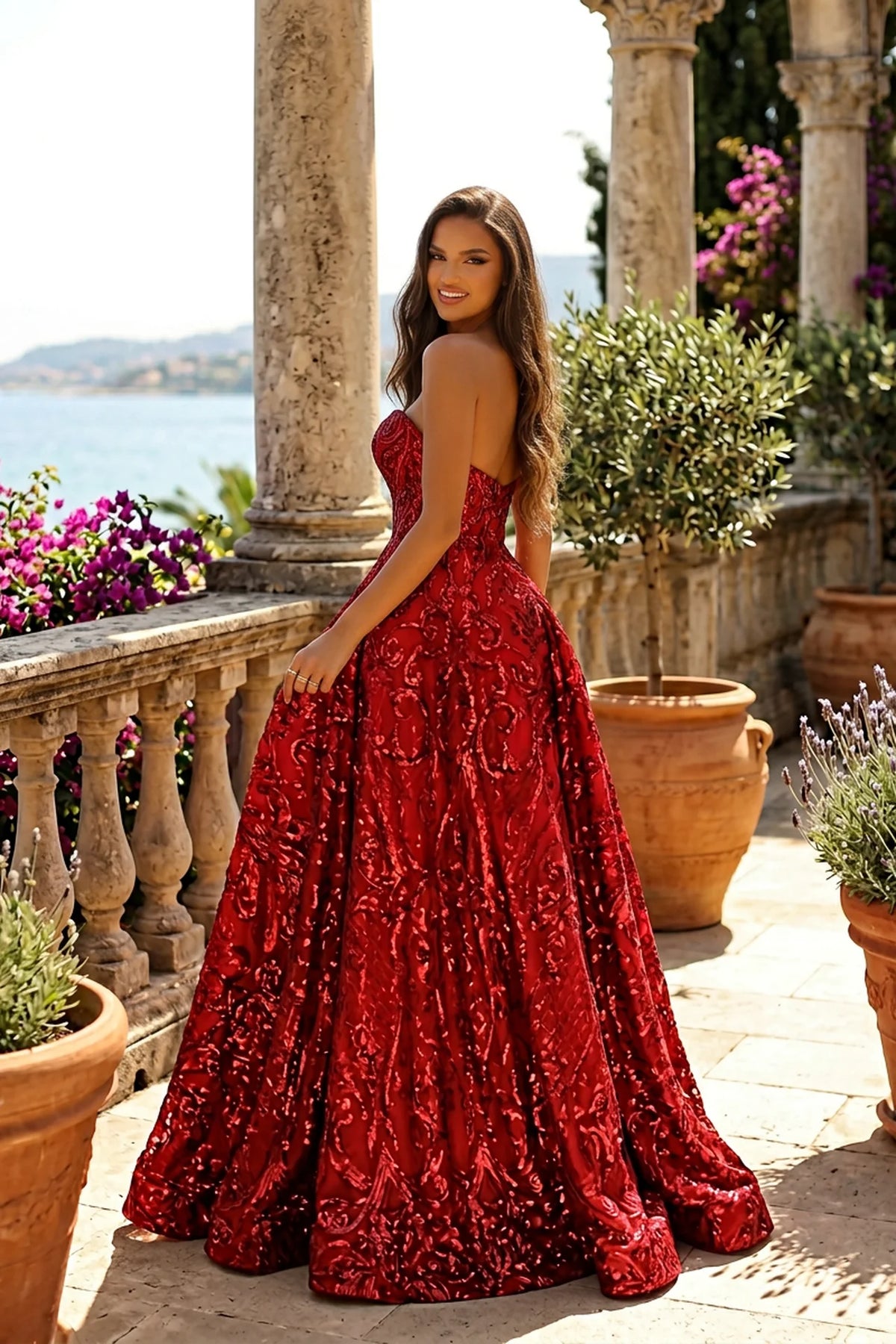 Strapless Glitter Ruffle Couture Formal Black Tie Evening Gown - back view