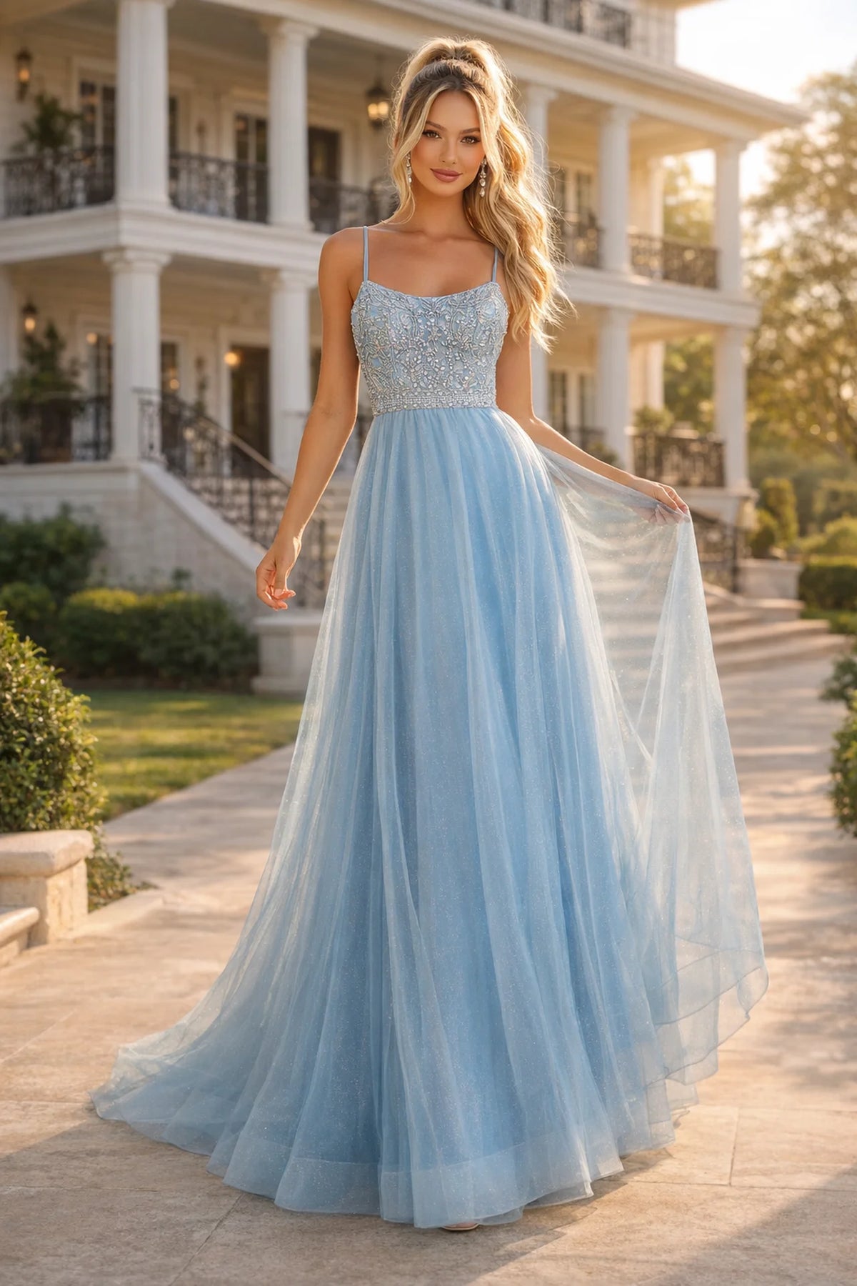 Cinderella Blue Beaded Tulle A-Line Prom Dress with Spaghetti Straps - front view