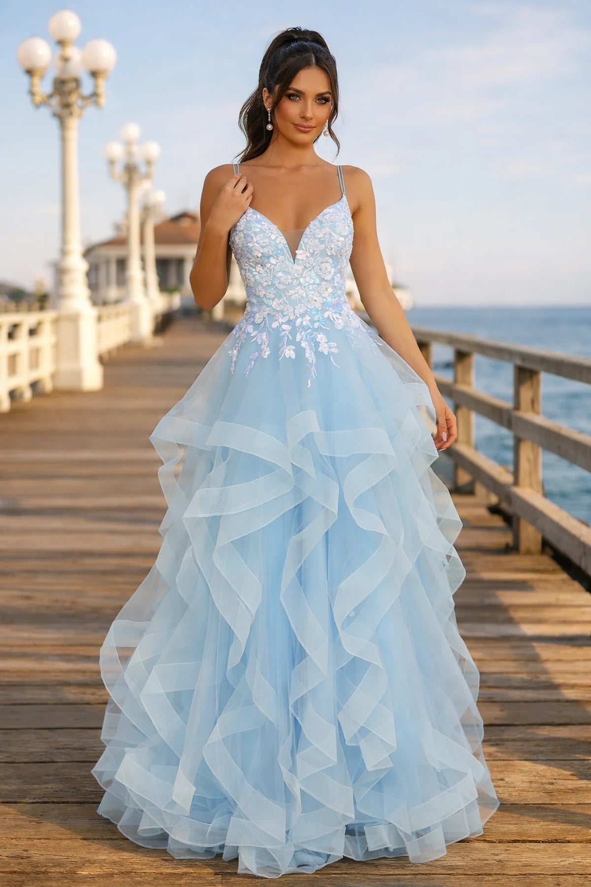 Light Blue Lace Bodice Ruffle Tulle Prom Dress with Open Back - front view