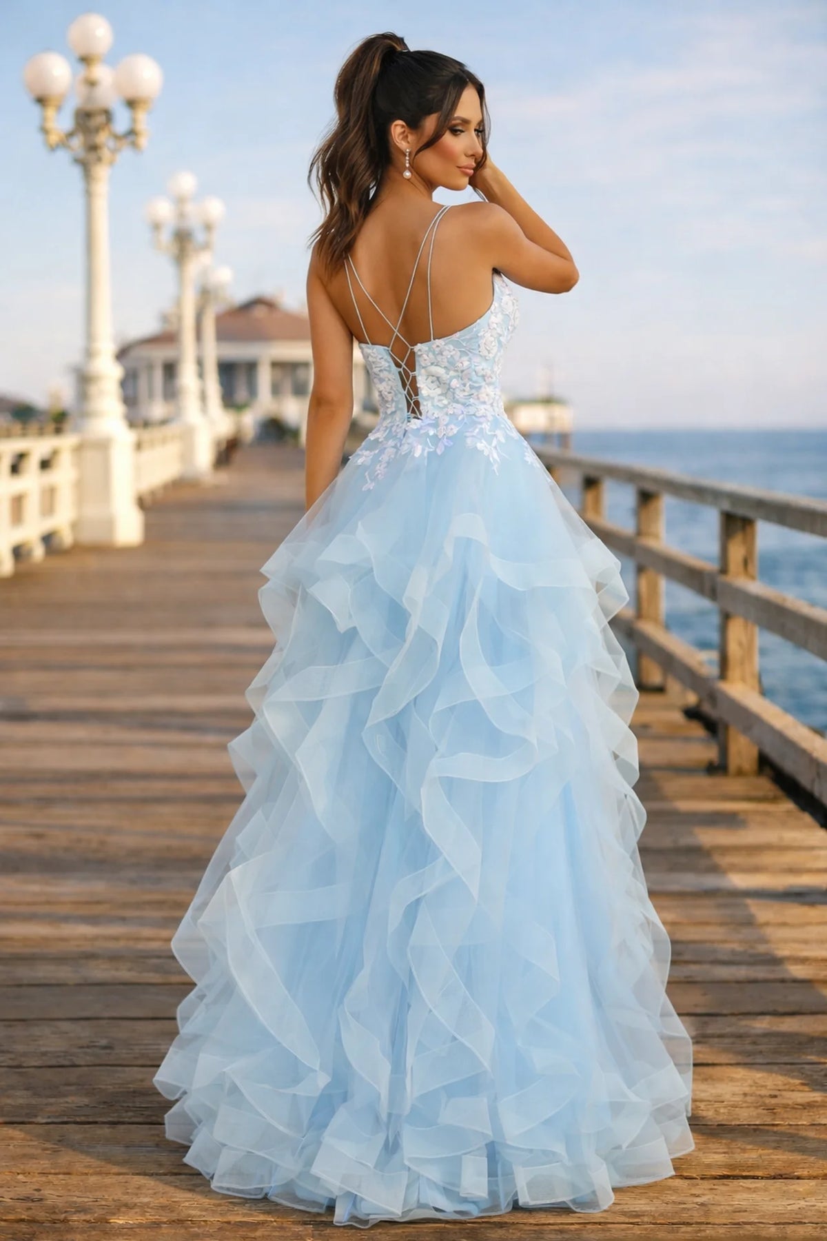Light Blue Lace Bodice Ruffle Tulle Prom Dress with Open Back - back view