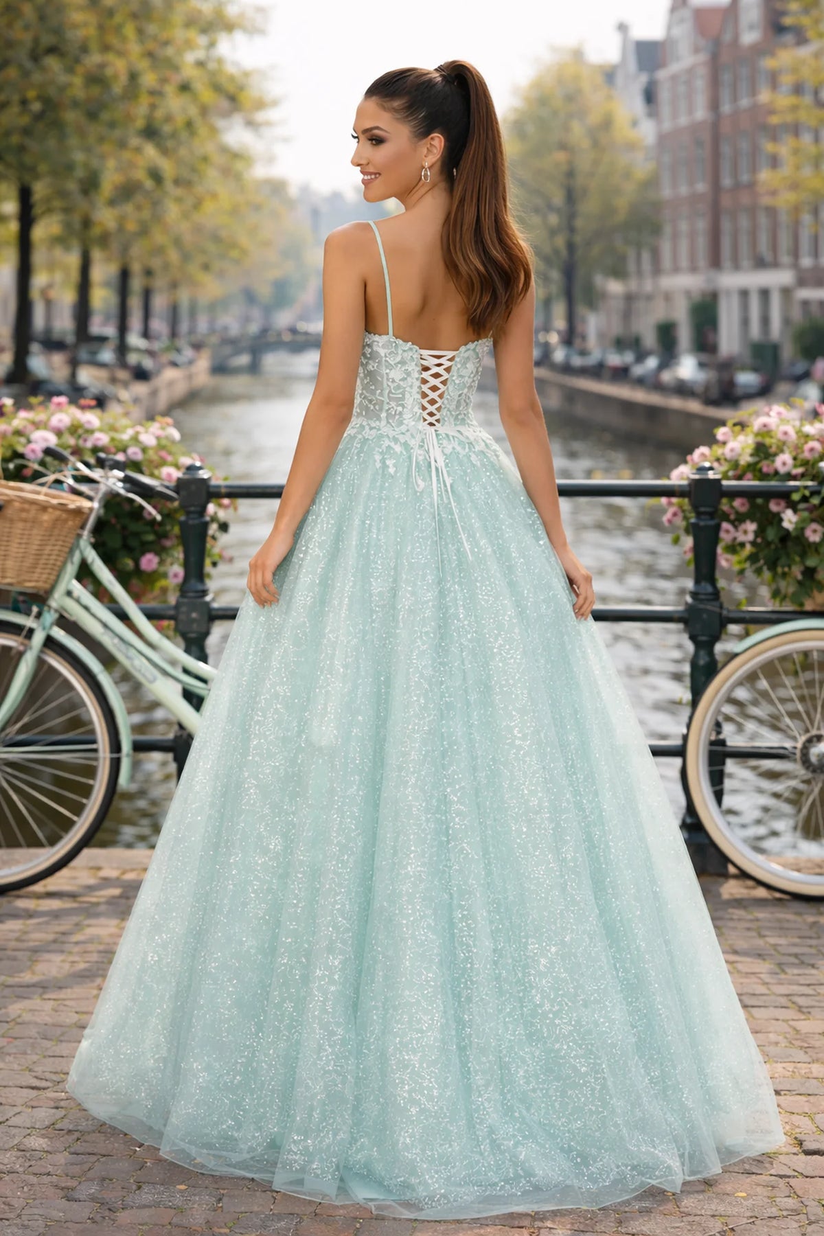 Glittering Sequin and Lace Ballgown Prom Dress - back view
