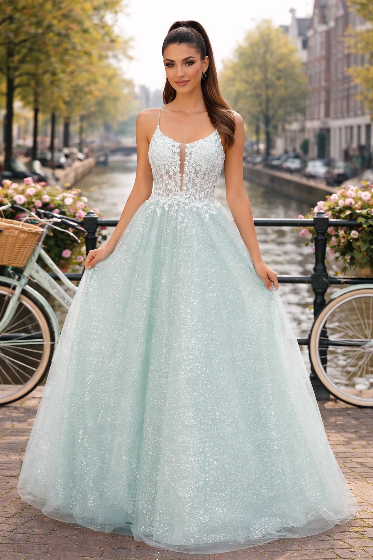 Glittering Sequin and Lace Ballgown Prom Dress - front view