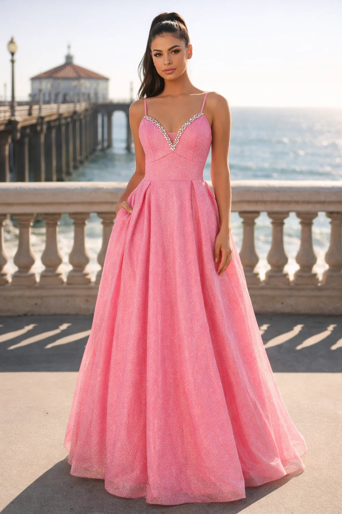 Pink Shimmer A-Line Prom Gown with rhinestone V-neckline and lace-up back