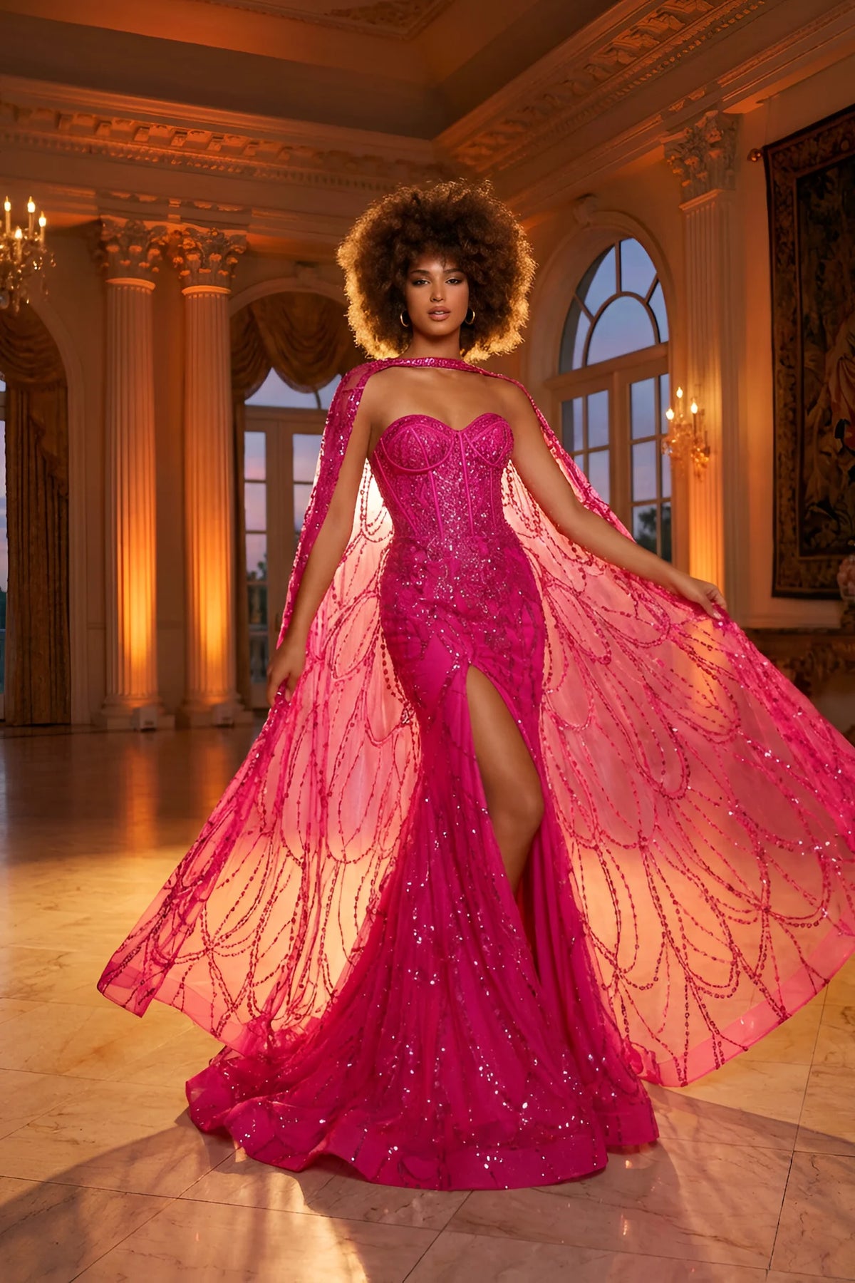 Strapless Embellished Fitted Evening Gown with High Slit and Sheer Overlay - front view